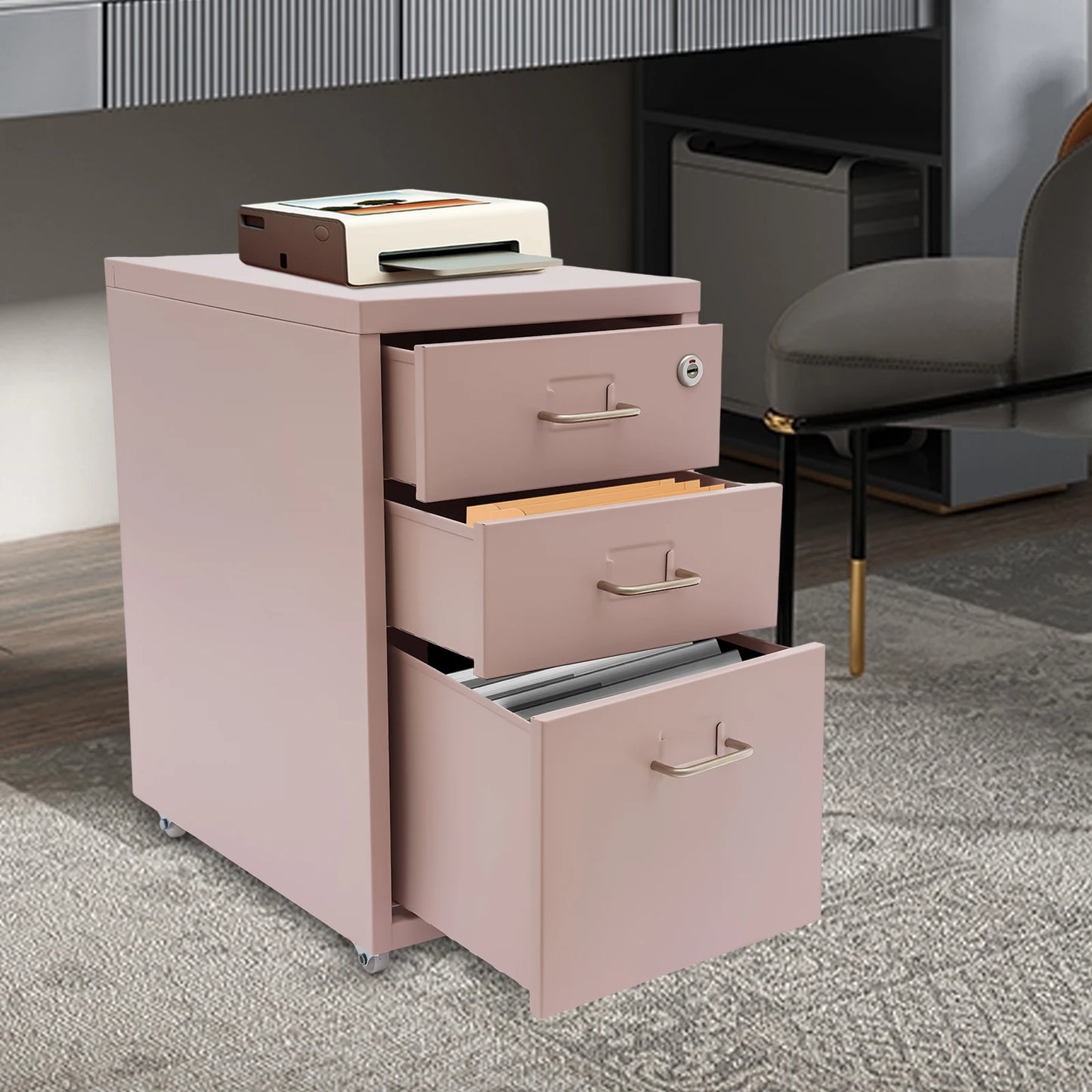 Bymaocar 3-Tier Vertical Cold-Rolled Steel Mobile File Cabinet With Lock