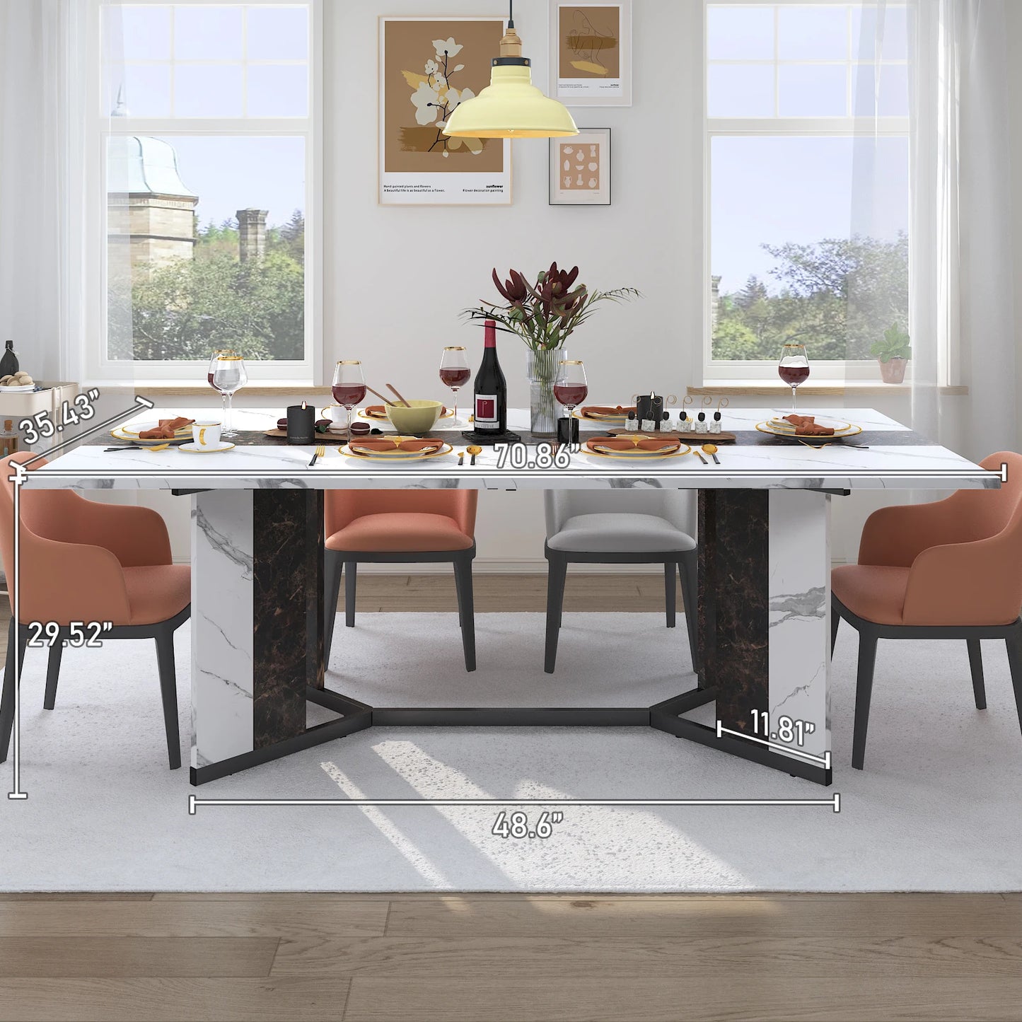 QiaoShiRen Modern Rectangular Dining Table Wooden Top Metal Legs