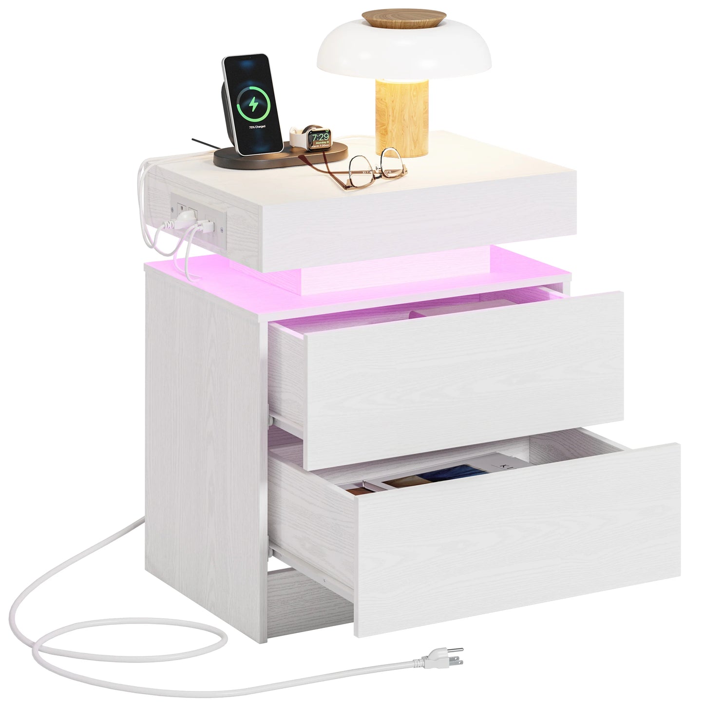 LIKIMIO Nightstand With Charging Station LED Light And Drawers
