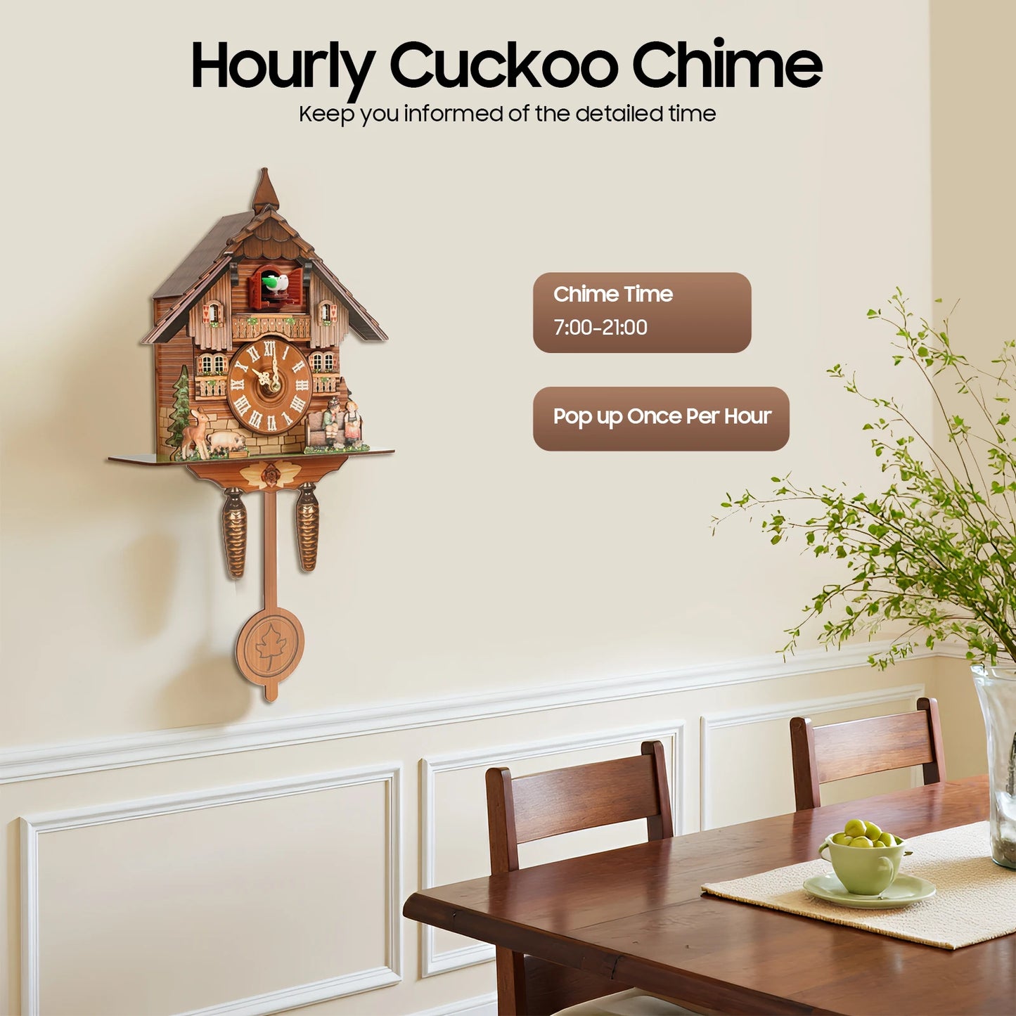German Style Cuckoo Clock Bird Chime Battery Operated Wall Mount