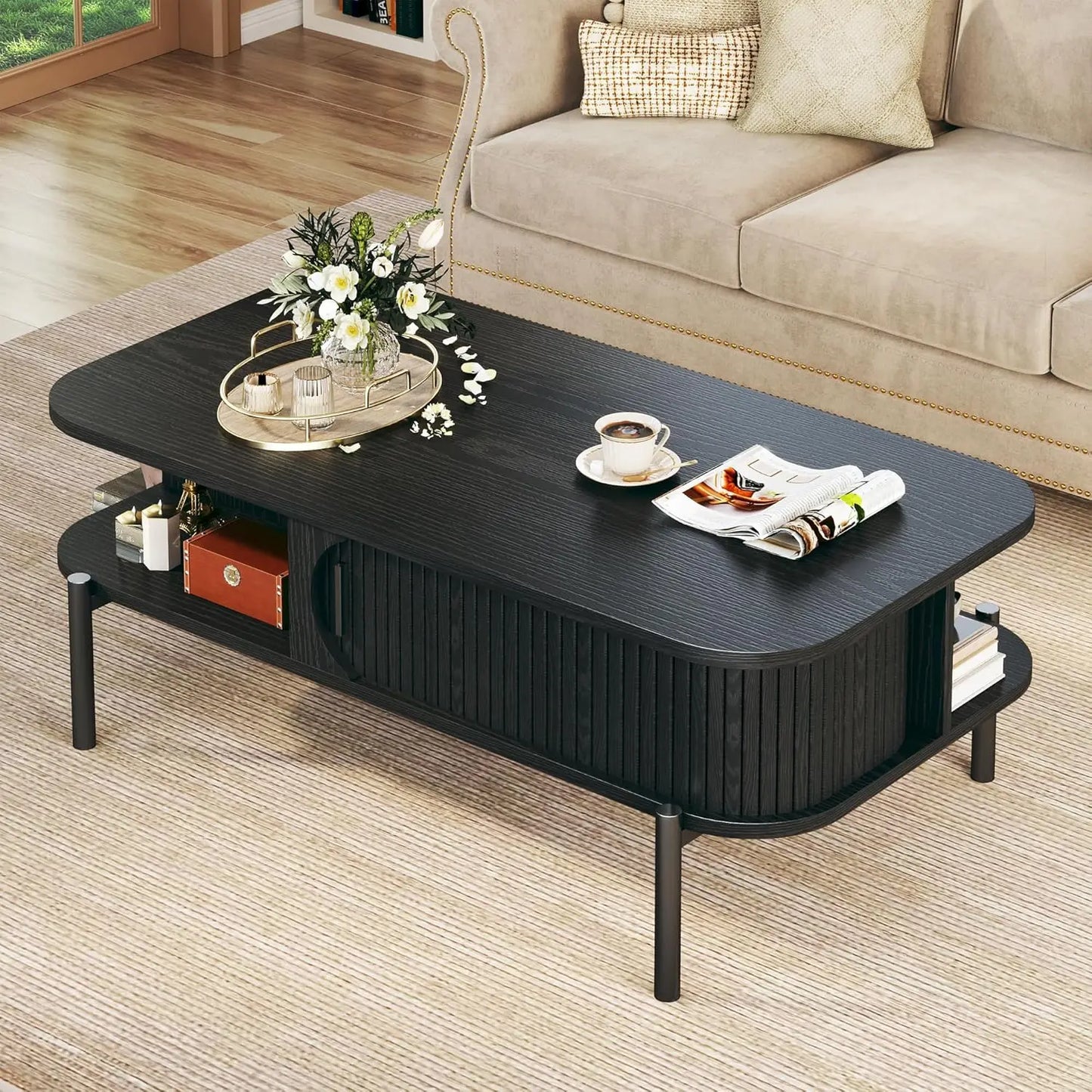 Coffee Table, 39.4" Mid Century Modern Coffee Tables for Living Room, Coffee Table with Storage Open Shelf, Fluted Table