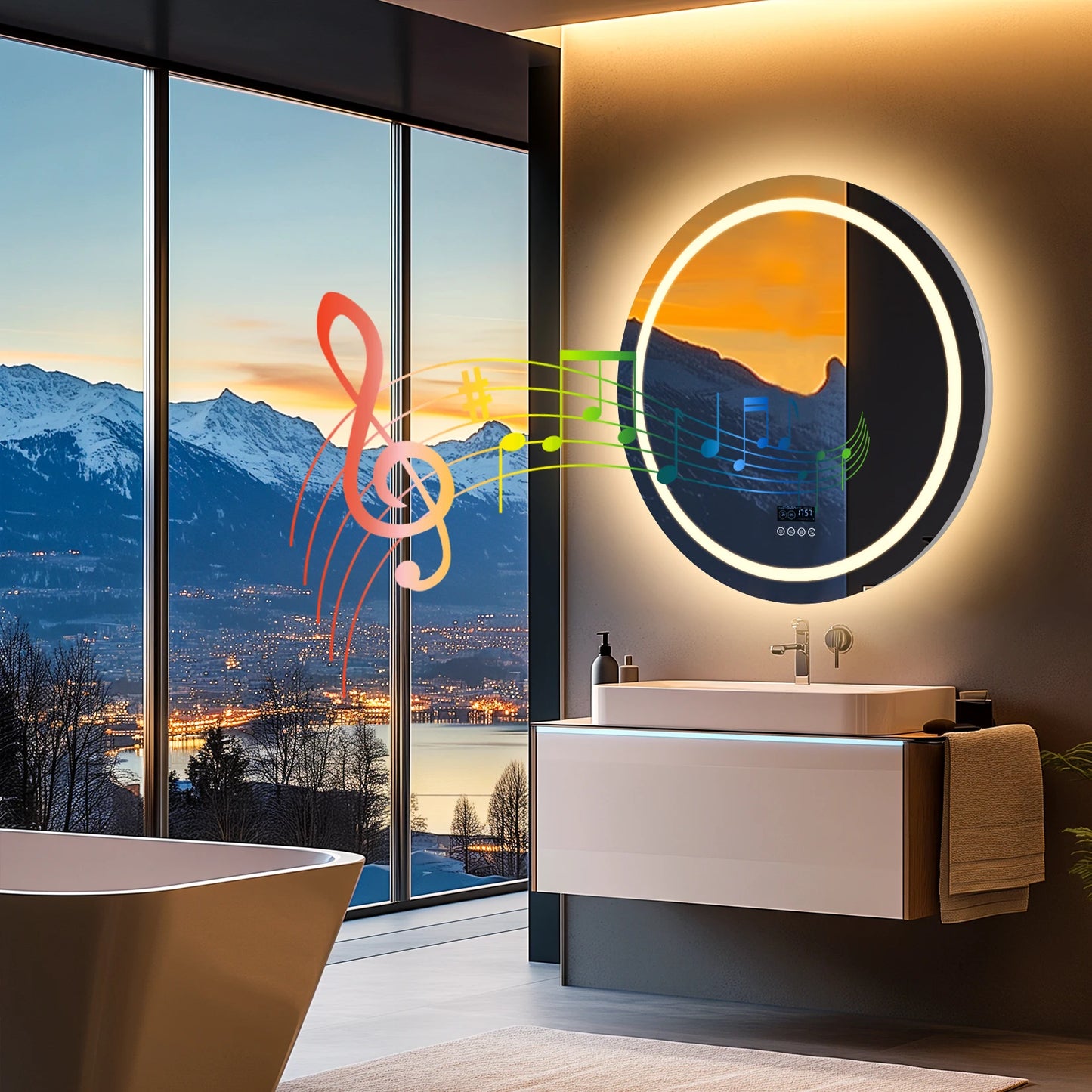 Bluetooth Music LED Bathroom Mirror With Anti Fog Touch Control 3 Color Modes