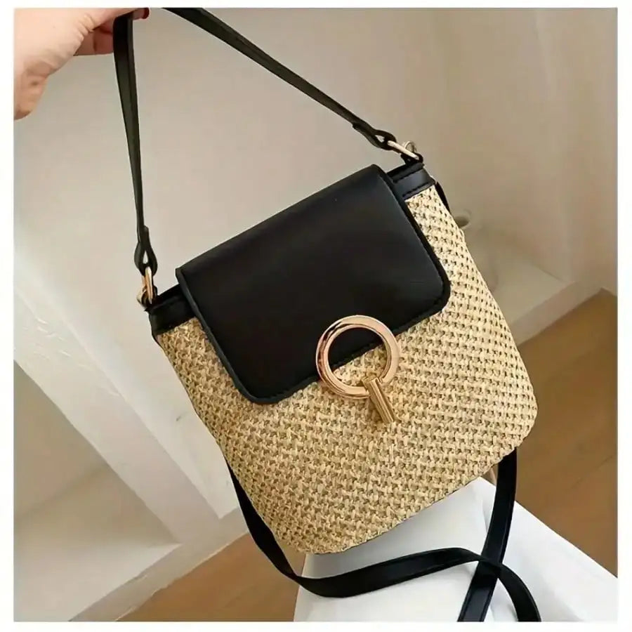 Woven Beach Crossbody Bag With Adjustable Strap And Gold Lock