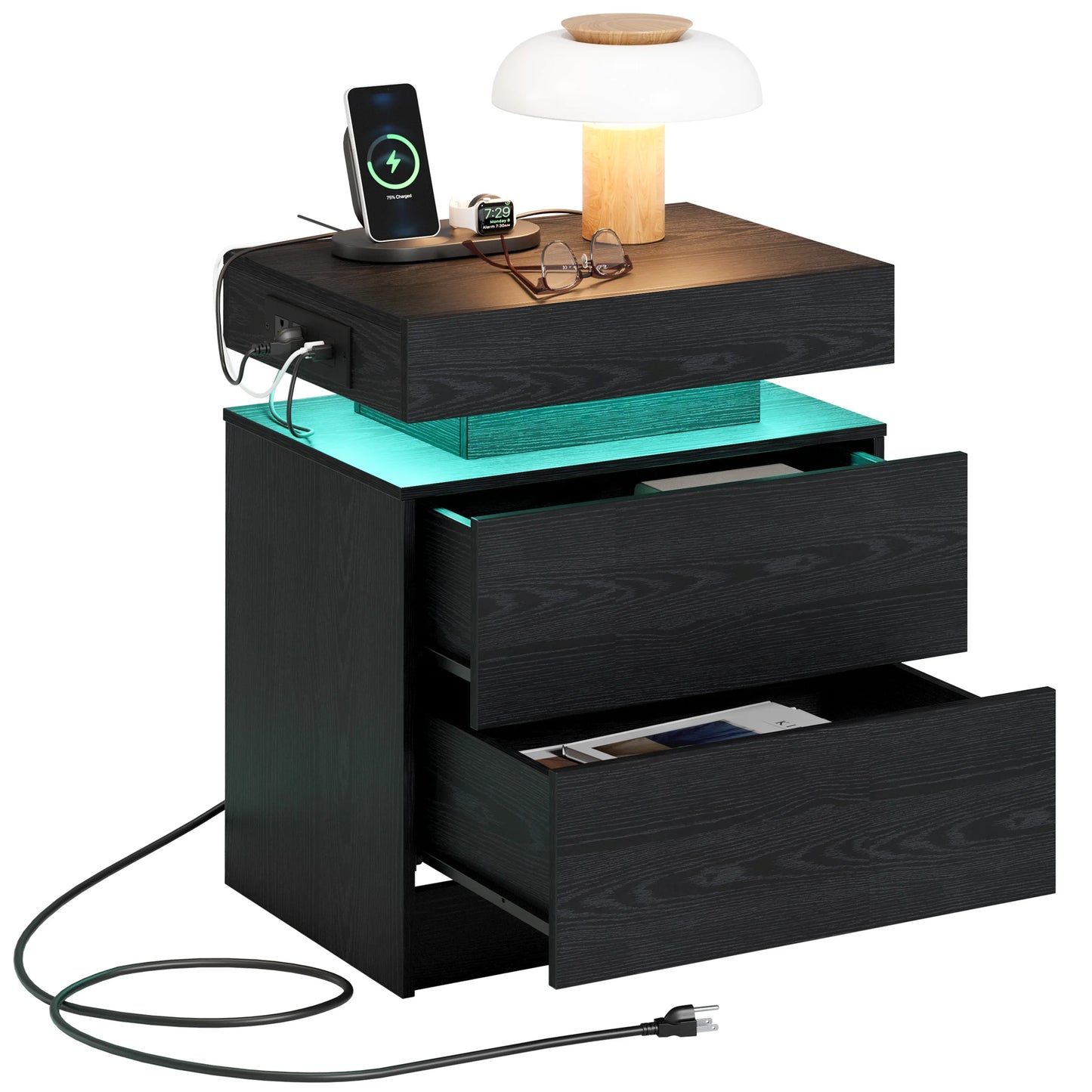 LIKIMIO Nightstand With Charging Station LED Light And Drawers