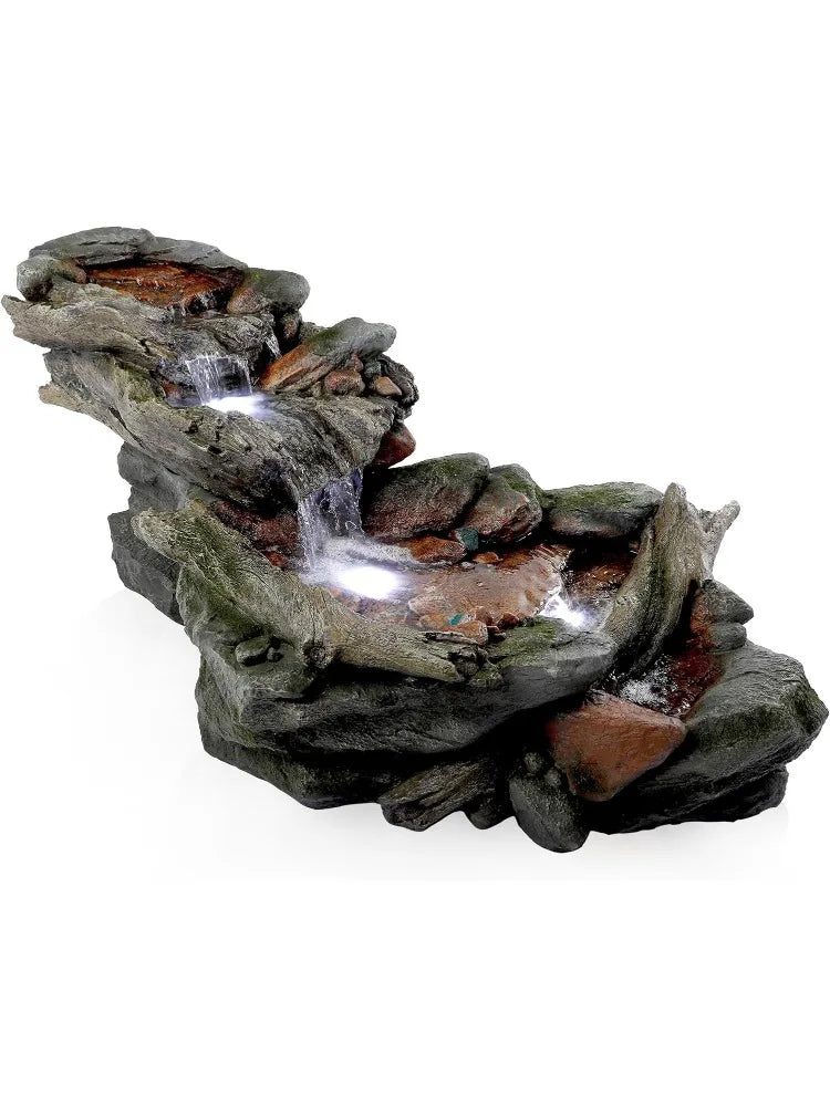 60" Long Outdoor 3-Tier Rainforest Rock River Water Hand-Painted Fountain with LED Lights
