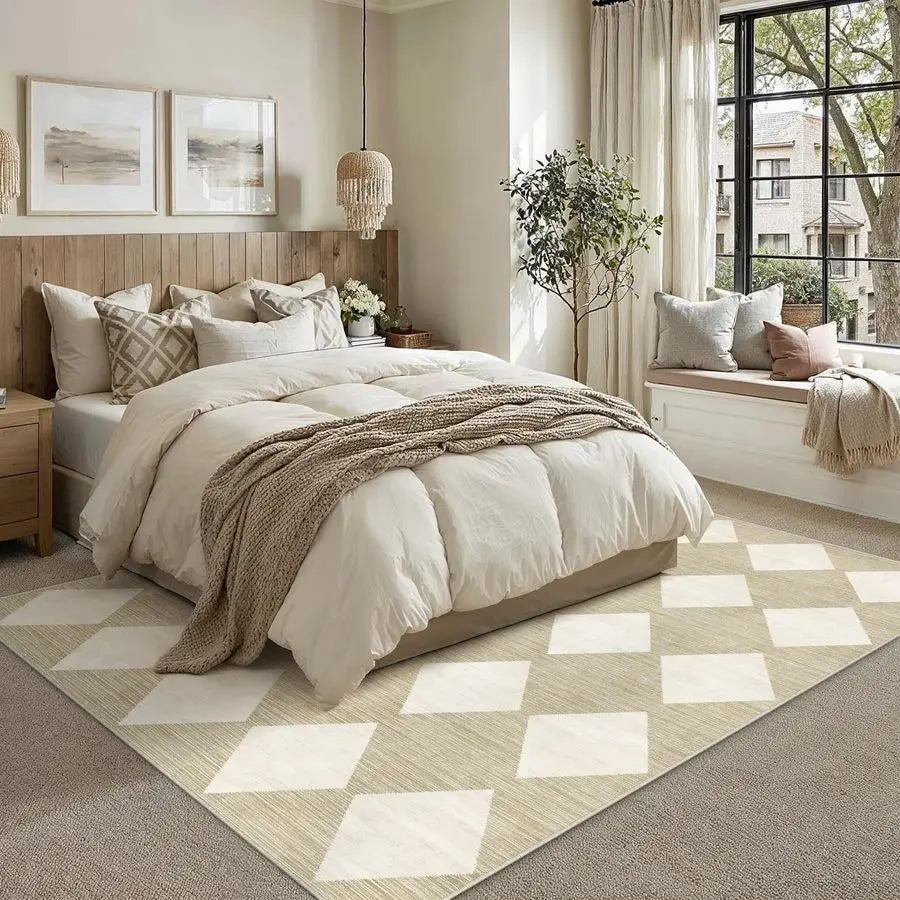Checkered Modern Wool Area Rug For Living Room Non Slip