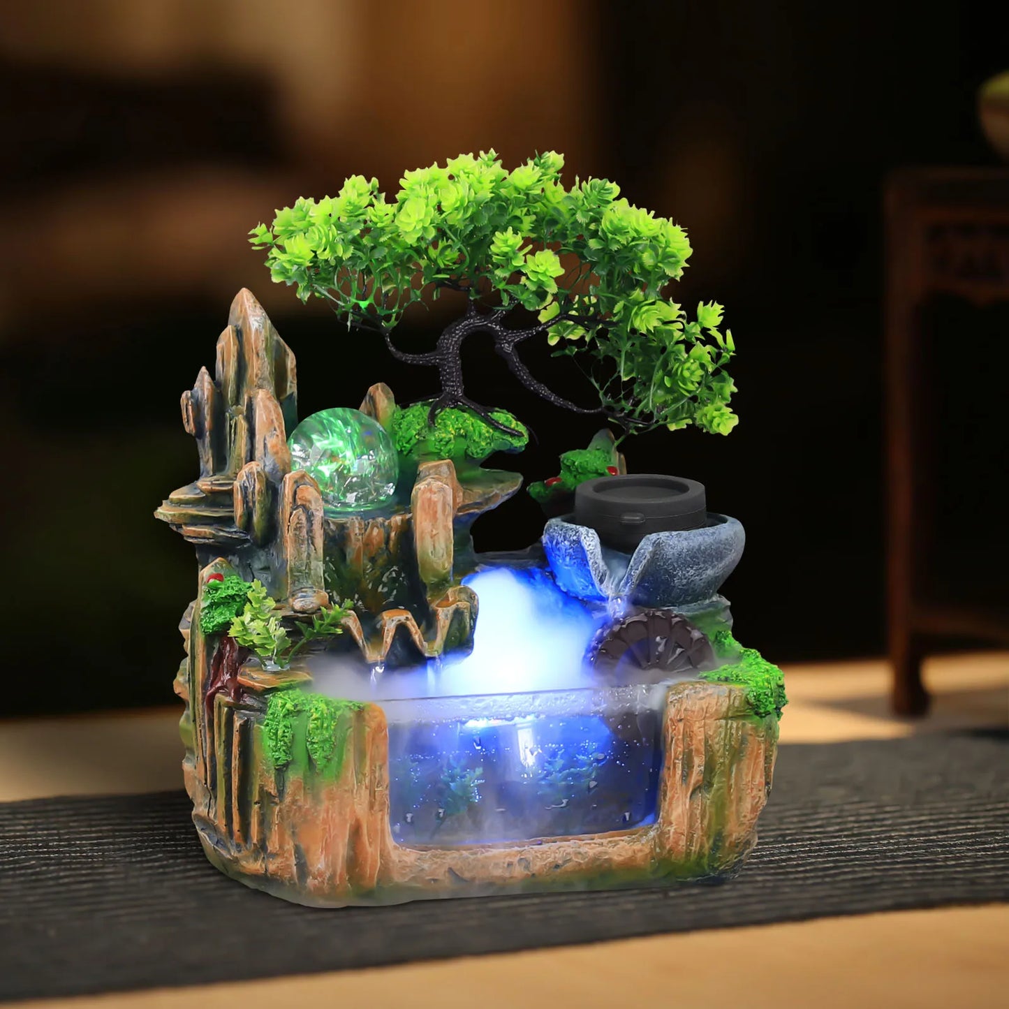 Rockery Water Fountain Indoor Tabletop Decor With LED Light And Mist