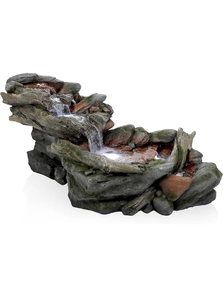 60" Long Outdoor 3-Tier Rainforest Rock River Water Hand-Painted Fountain with LED Lights