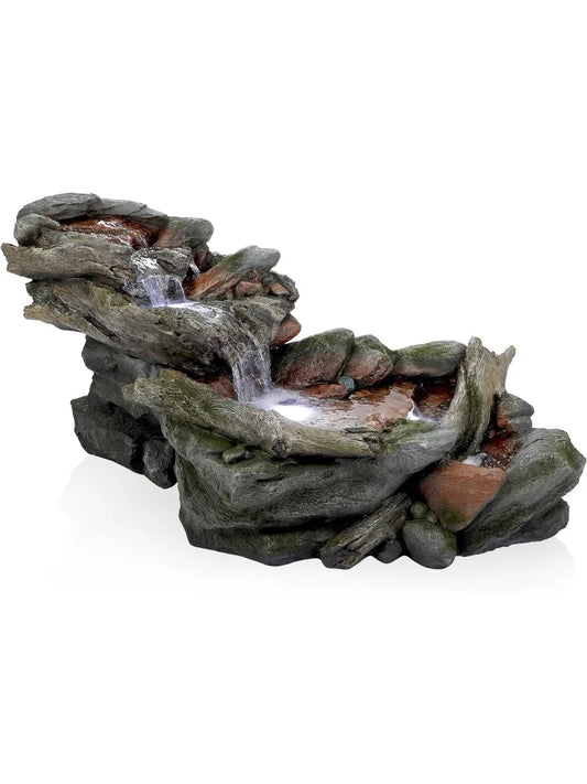 60" Long Outdoor 3-Tier Rainforest Rock River Water Hand-Painted Fountain with LED Lights