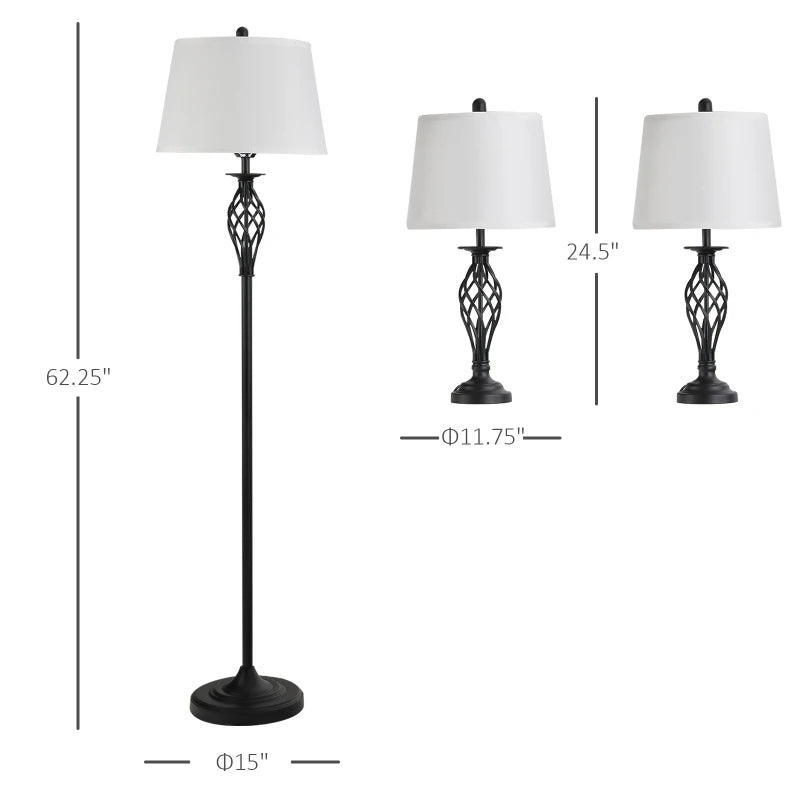 HOMCOM 3 Piece Floor And Table Lamp Set With MetalPole