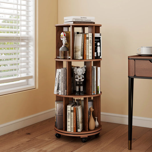 Rotating Wooden Bookshelf On Wheels 360 Degree Spinning Organizer