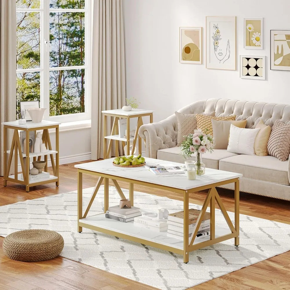 Industrial Style Triangular Coffee Table Set With 2 Side Tables