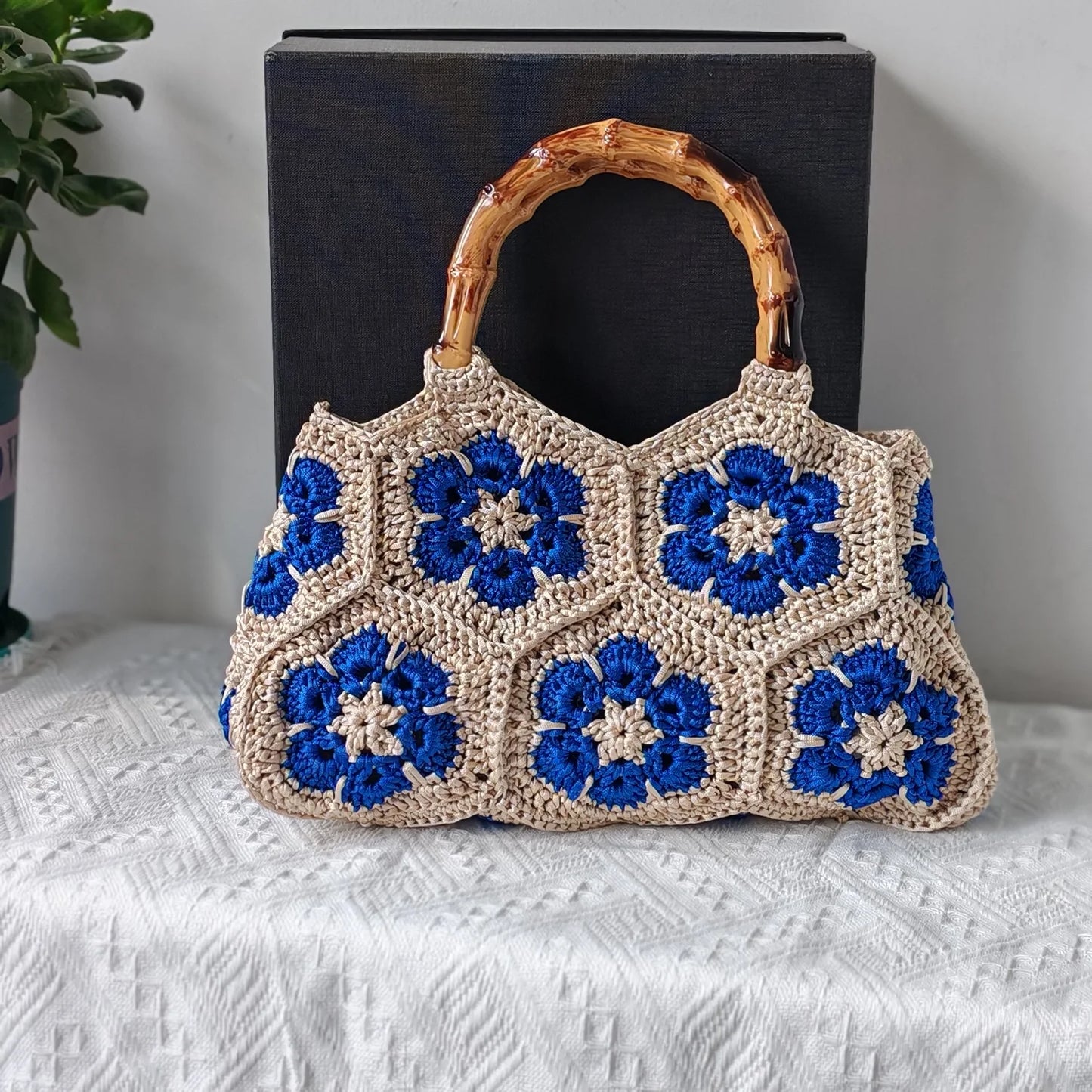 Handmade Crochet Granny Square Tote Bag With Bamboo Handle For Women