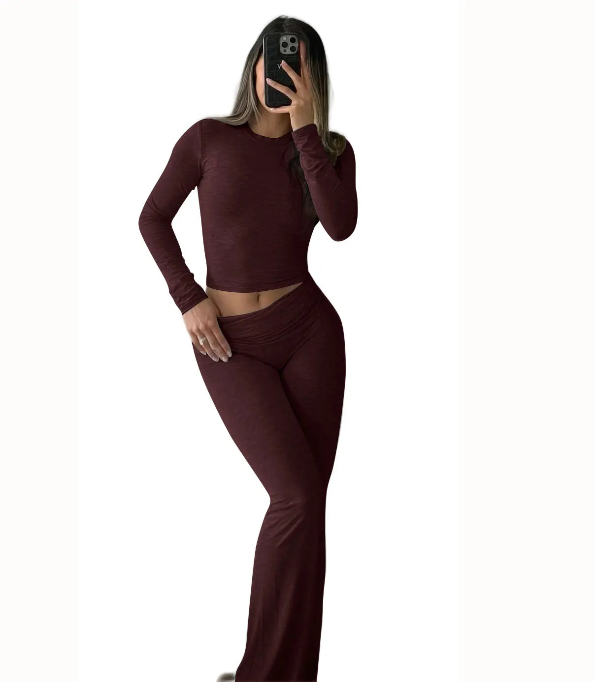 Womens Yoga Two-Piece Long-Sleeve Wide-Leg Activewear Set For Home