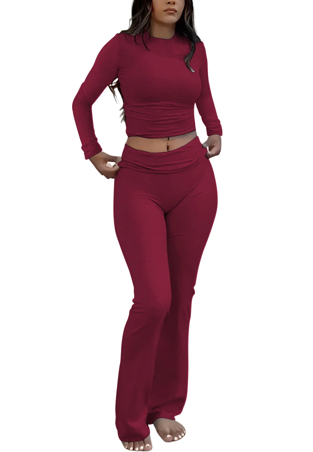Womens Yoga Two-Piece Long-Sleeve Wide-Leg Activewear Set For Home