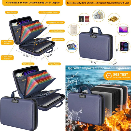 Fireproof Document Organizer Lock Safe Box Waterproof Hard Shell