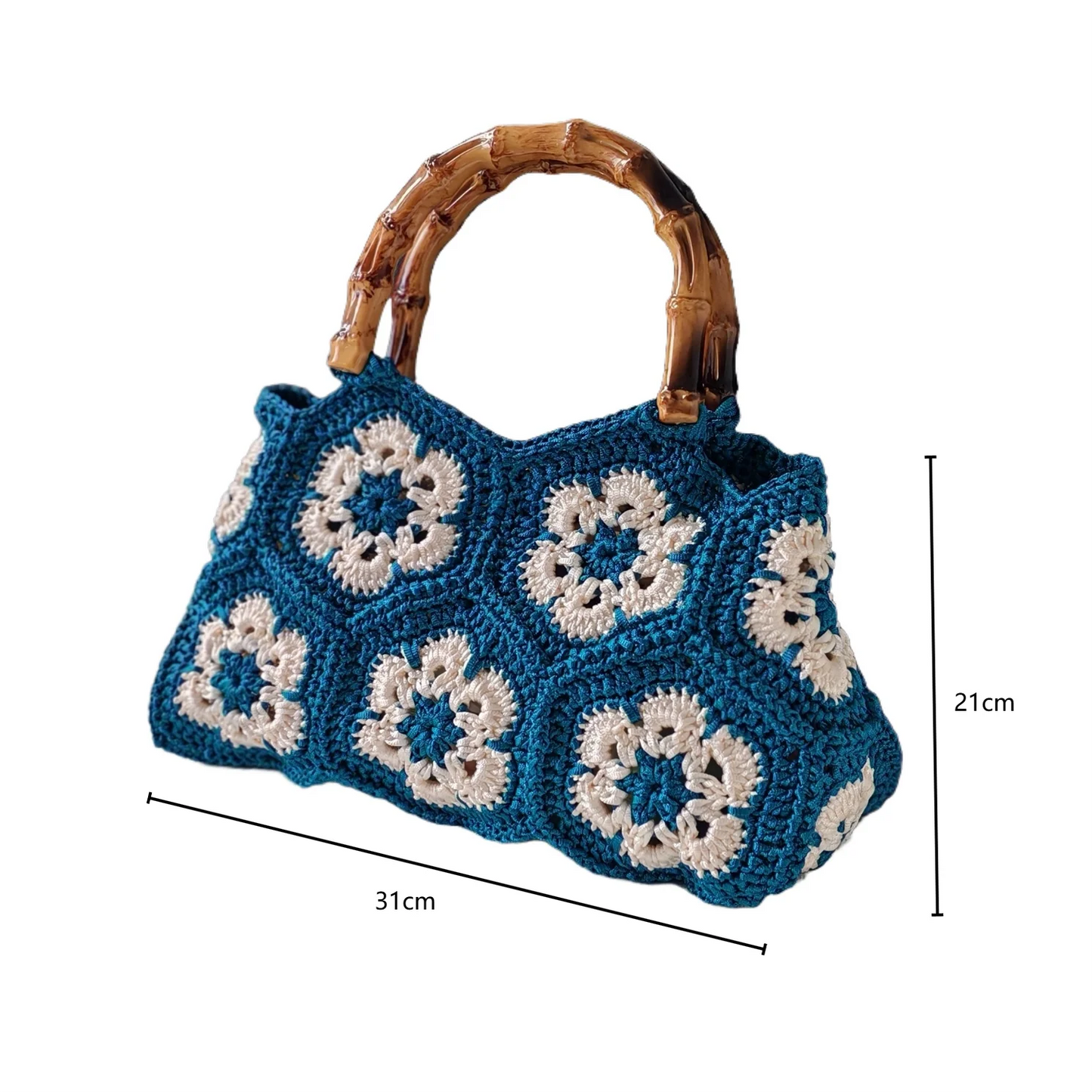 Handmade Crochet Granny Square Tote Bag With Bamboo Handle For Women