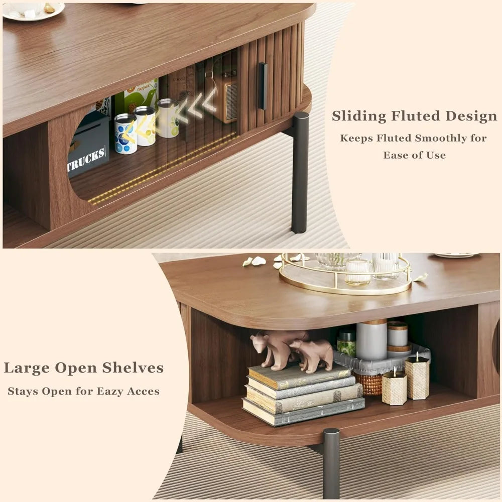 Coffee Table, 39.4" Mid Century Modern Coffee Tables for Living Room, Coffee Table with Storage Open Shelf, Fluted Table