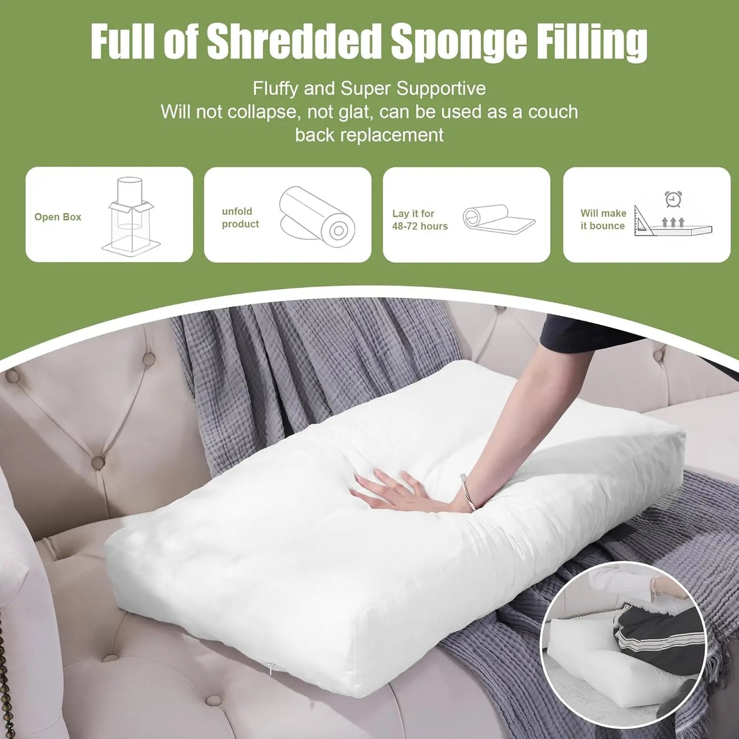 3 Pack Shredded Foam Sofa Back Cushion Replacement Lumbar Support