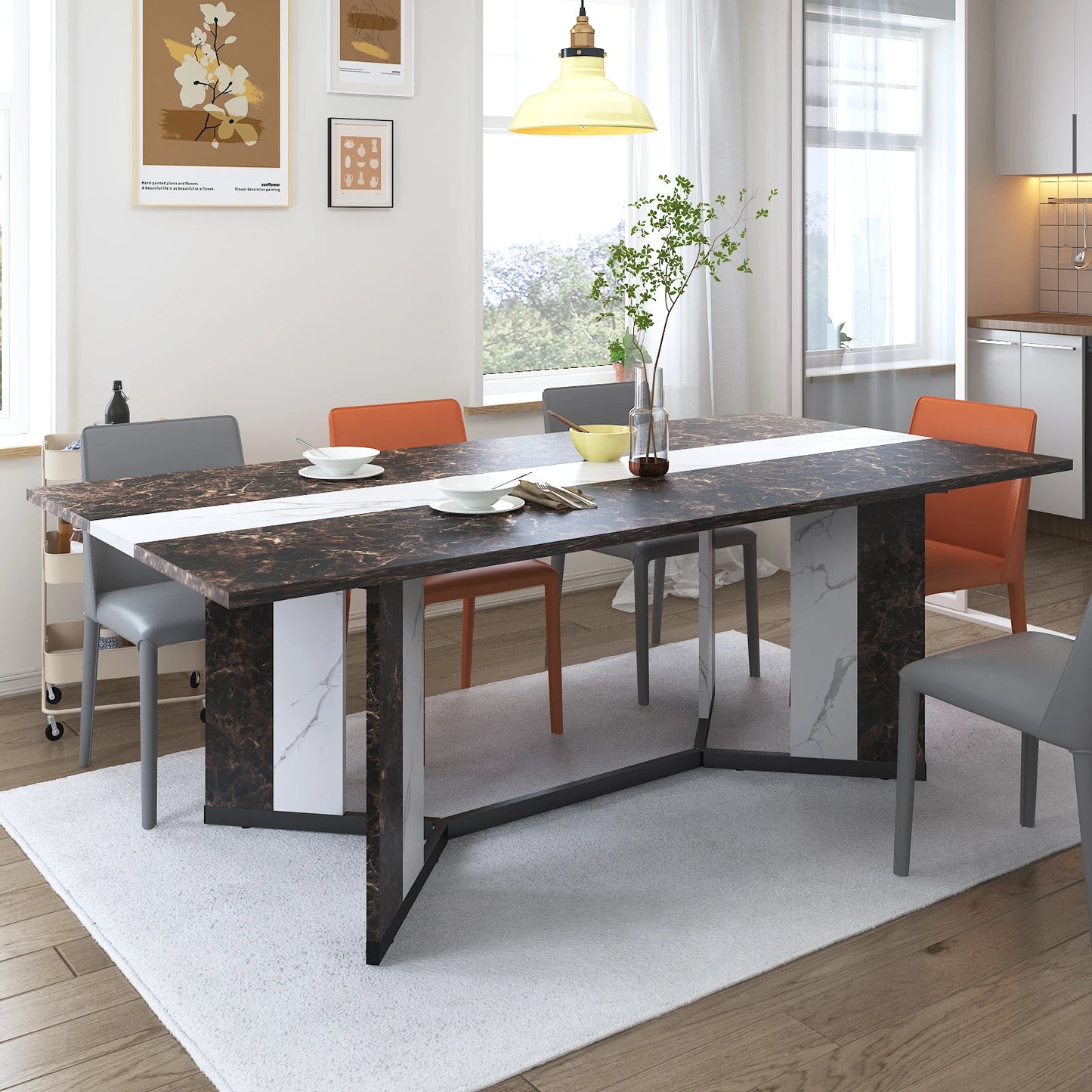 QiaoShiRen Modern Rectangular Dining Table Wooden Top Metal Legs