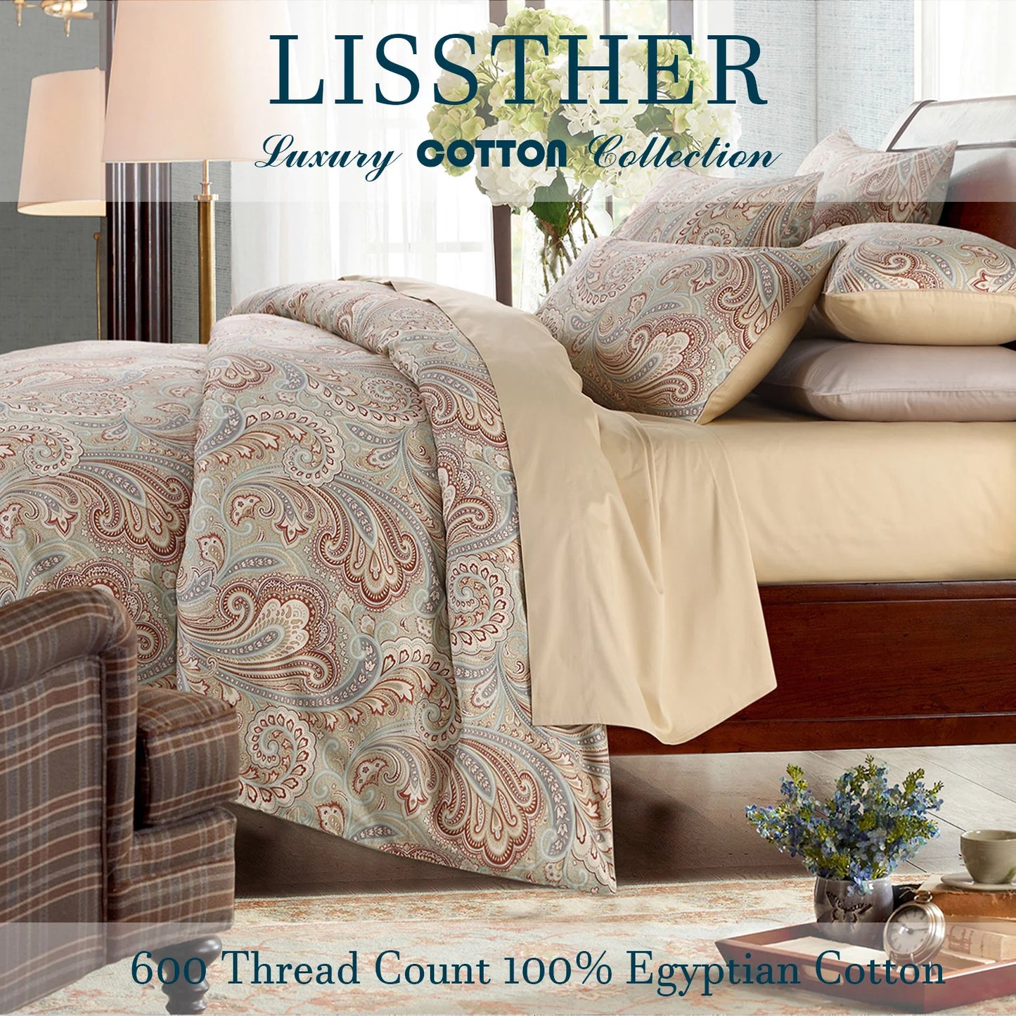 LISSTHERCN 3 Piece 600TC Egyptian Cotton Duvet Cover Set Boho Paisley