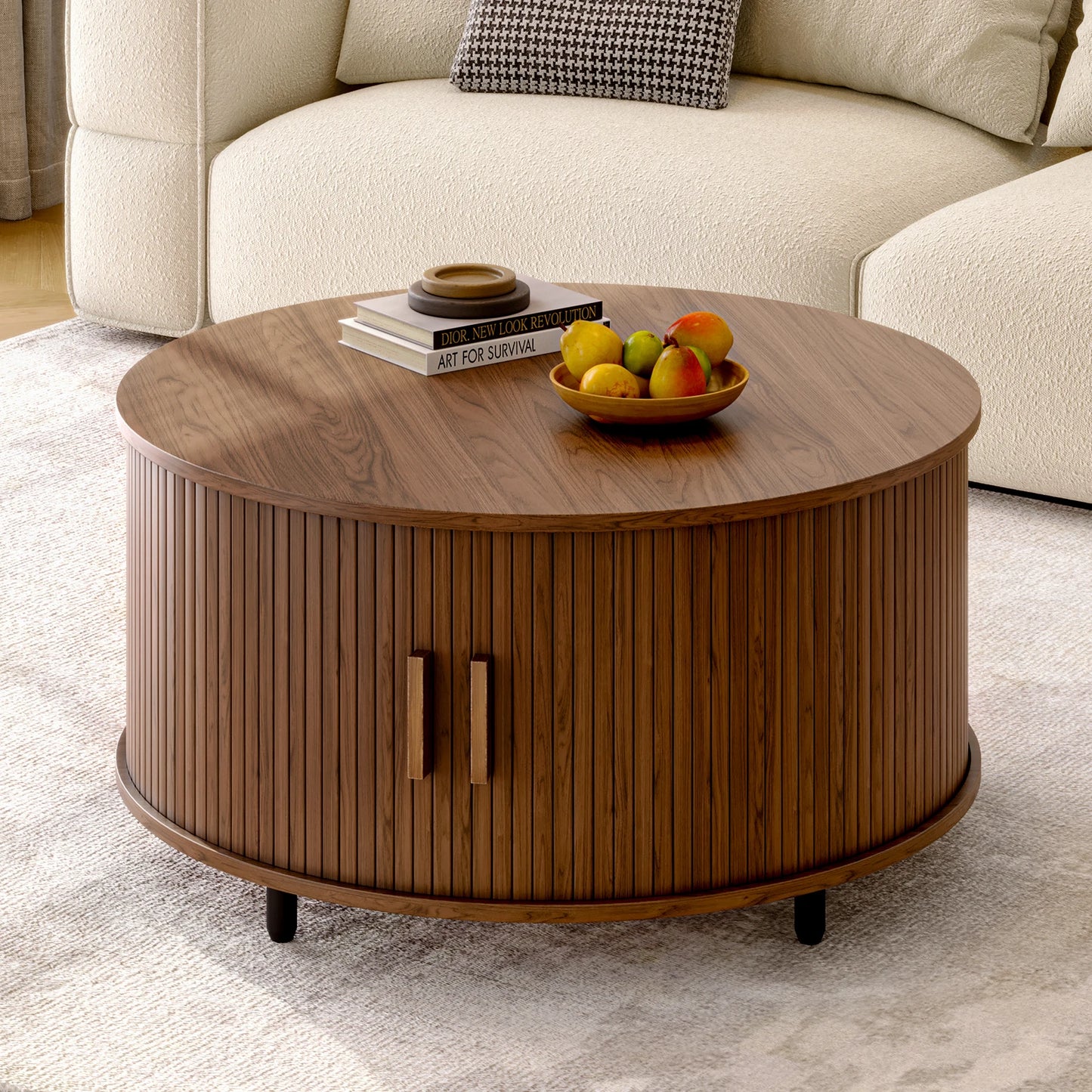 Extended Round Coffee Table With Storage And Curved Sliding Door