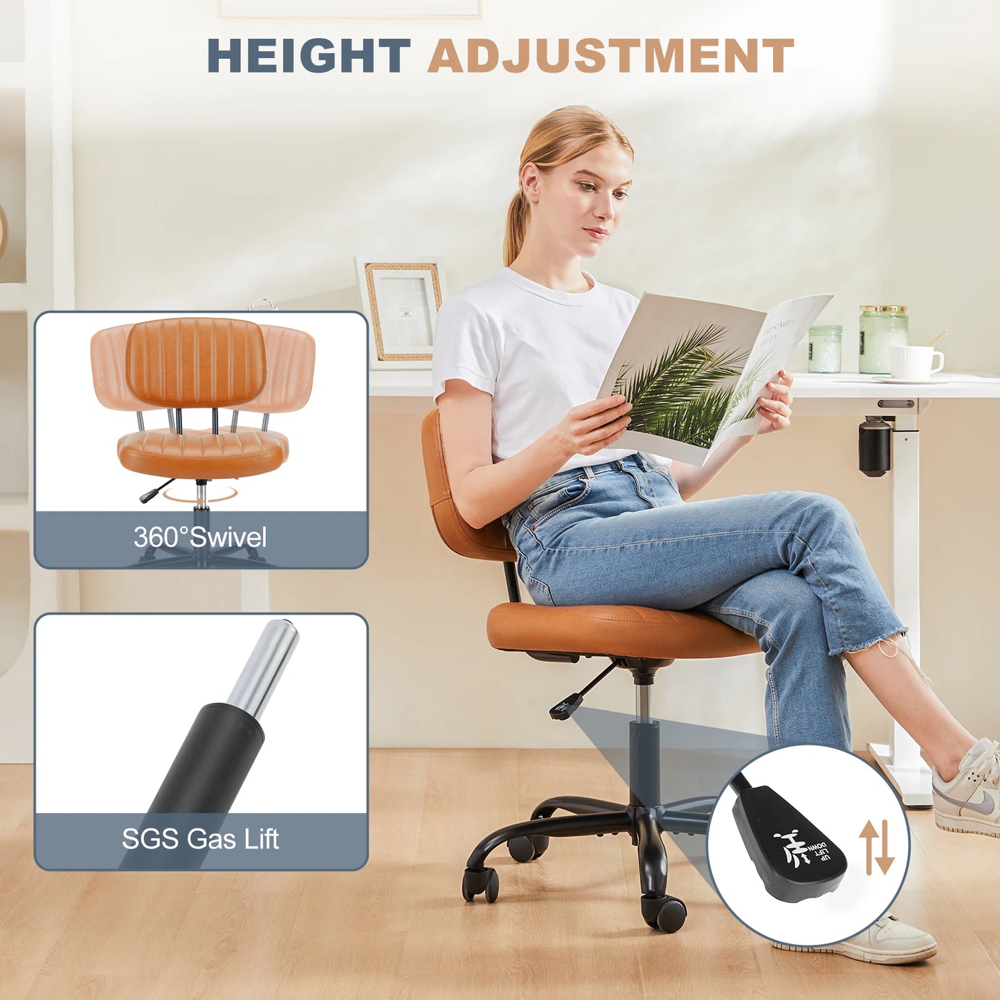 JHK Armless Office Chair With Lumbar Support PU Leather