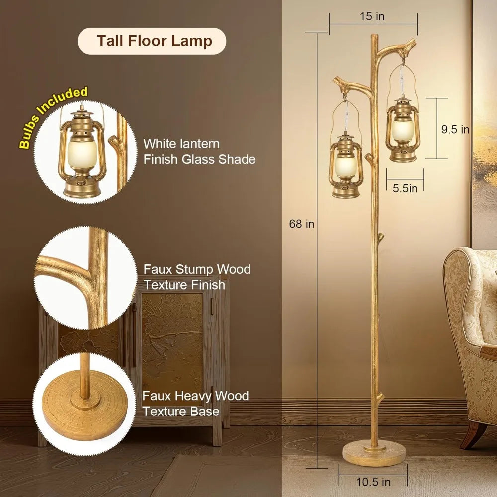 Tree Trunk Style Floor Lamp With Dimmable Resin Lanterns
