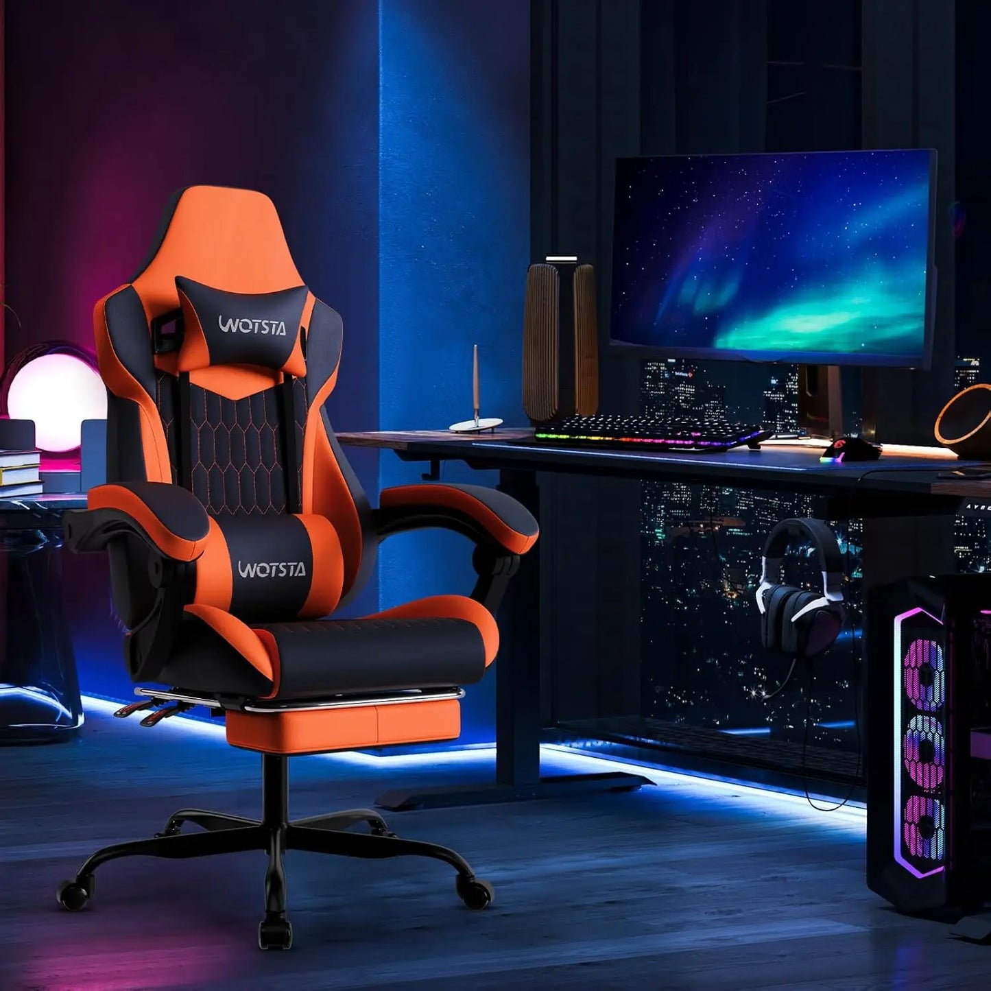 Ergonomic Gaming Chair With Footrest And Adjustable PVC Leather Headrest