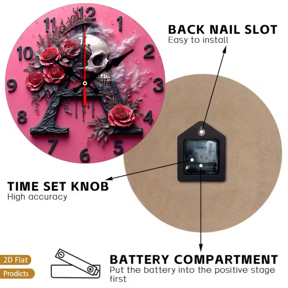Gothic Skull Rose Wall Clock Silent Non Tick Wood Frame