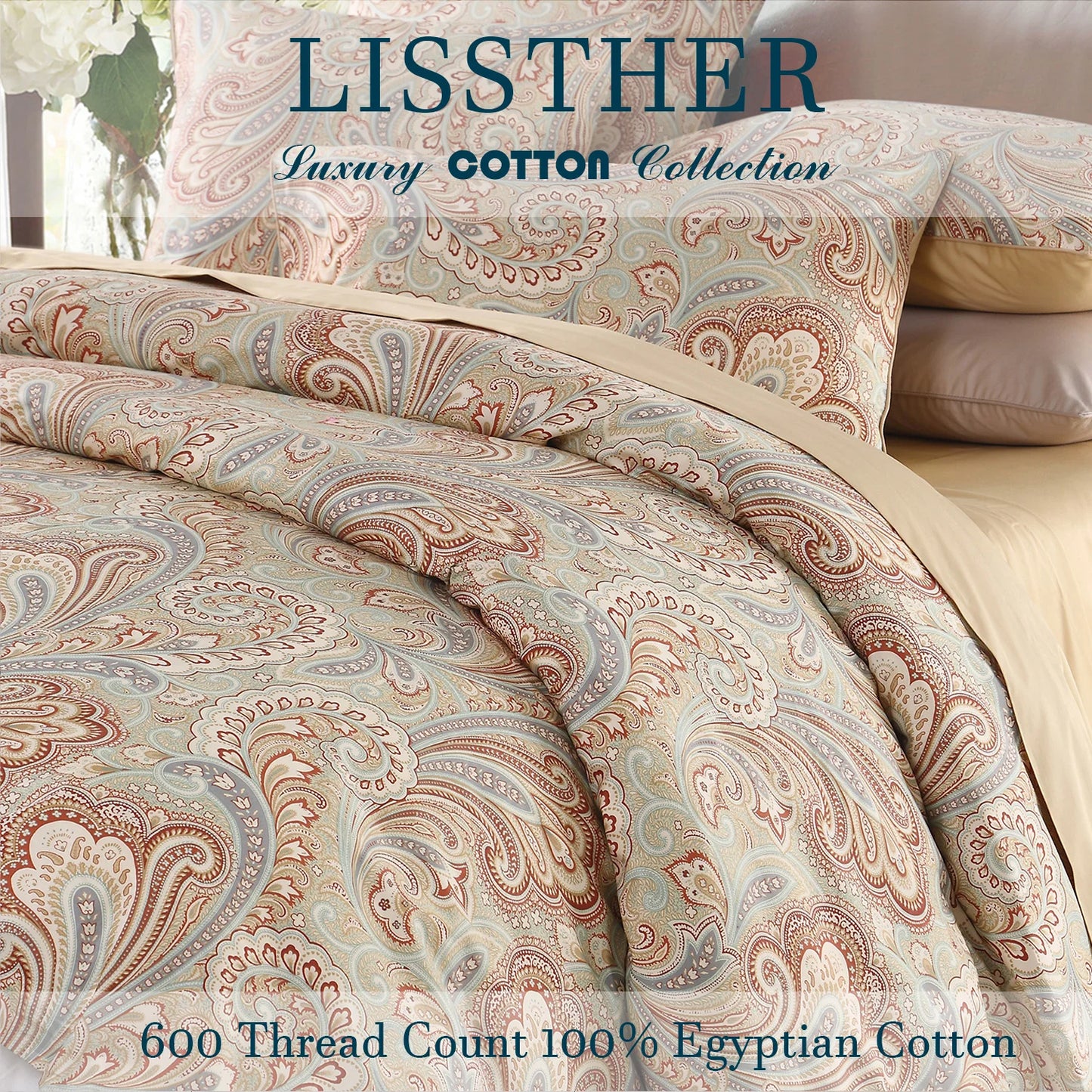 LISSTHERCN 3 Piece 600TC Egyptian Cotton Duvet Cover Set Boho Paisley