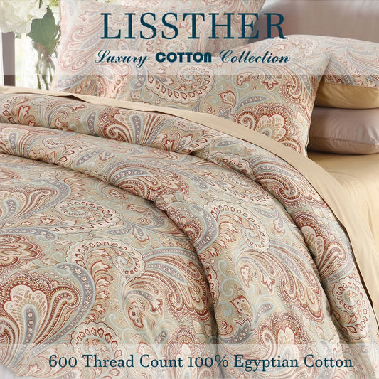 LISSTHERCN 3 Piece 600TC Egyptian Cotton Duvet Cover Set Boho Paisley