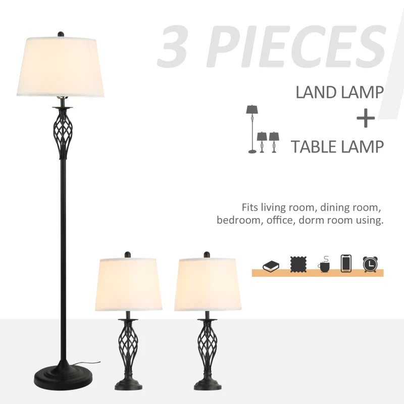 HOMCOM 3 Piece Floor And Table Lamp Set With MetalPole