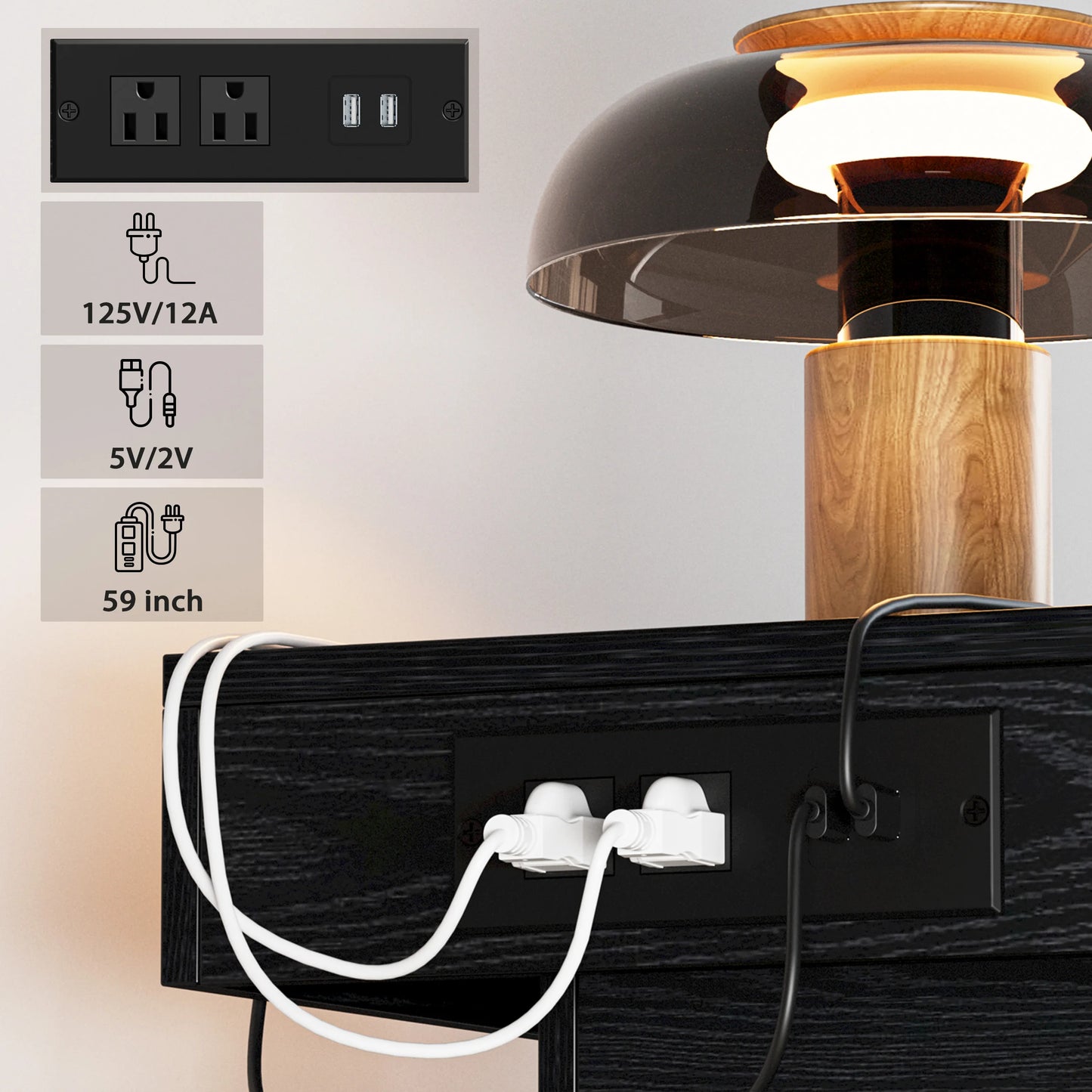 LIKIMIO Nightstand With Charging Station LED Light And Drawers