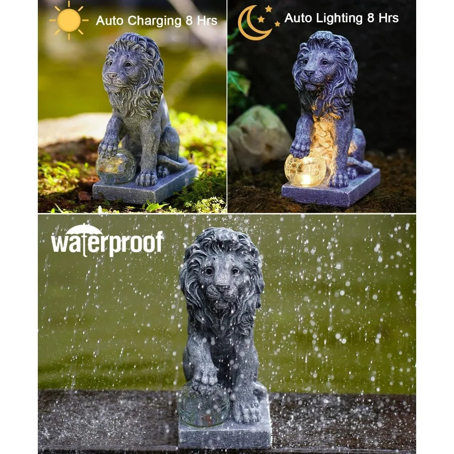 Guardian Lion Garden Statue Outdoor Decor Sculpture With Ball Lights For Yard