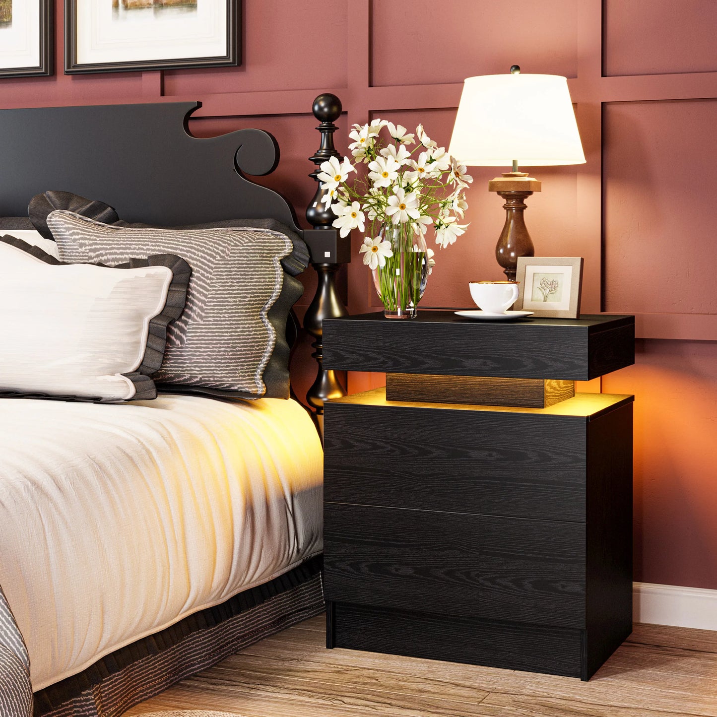 LIKIMIO Nightstand With Charging Station LED Light And Drawers