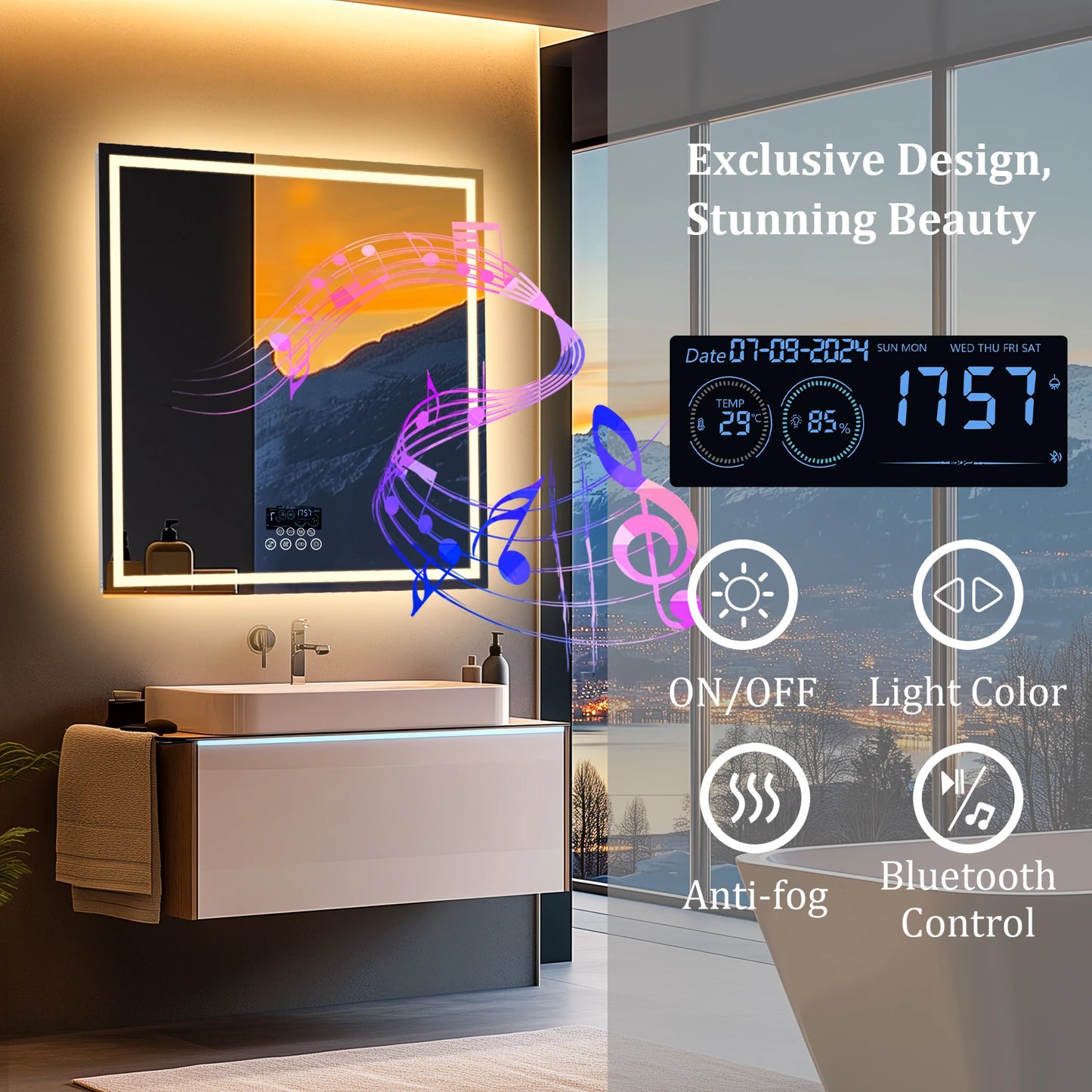 Bluetooth Music LED Bathroom Mirror With Anti Fog Touch Control 3 Color Modes