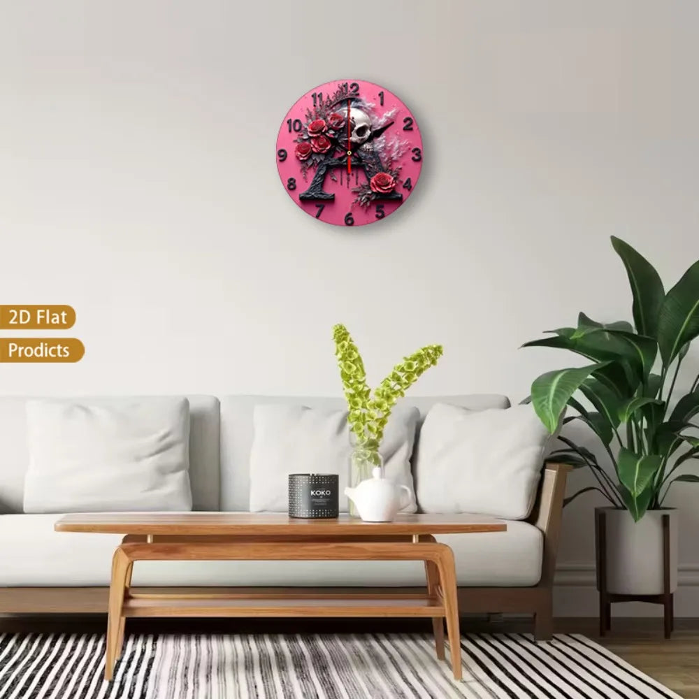 Gothic Skull Rose Wall Clock Silent Non Tick Wood Frame