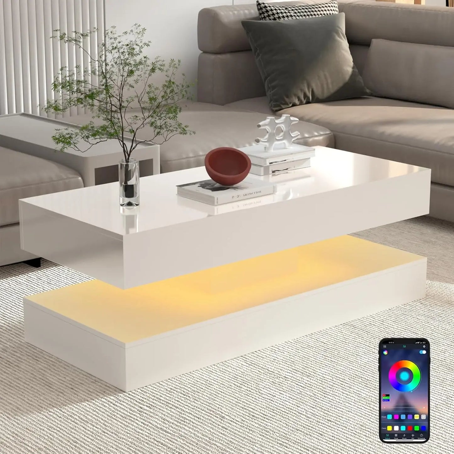 QiaoShiRen Modern Coffee Table With LED Lights And Storage Drawers