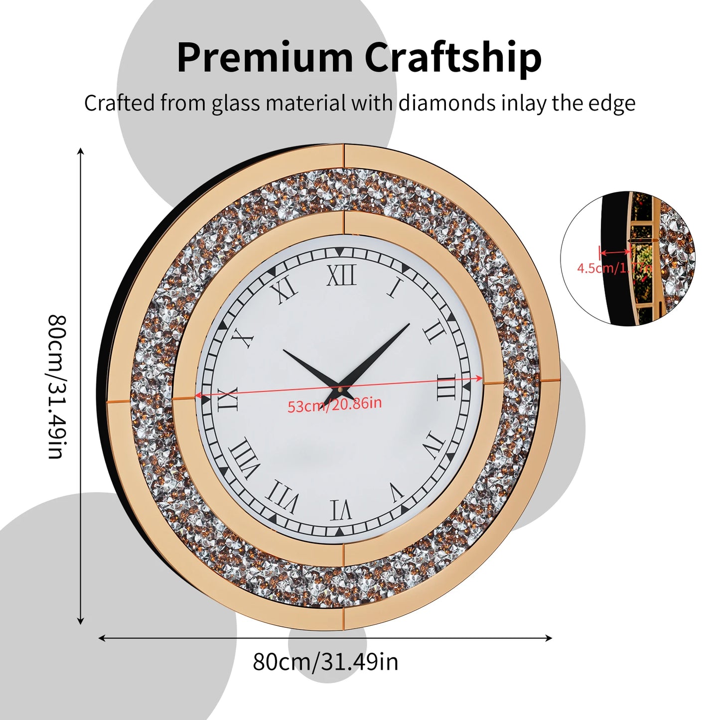 Round Mirror Clock With Crystal Sparkle Wall Decor