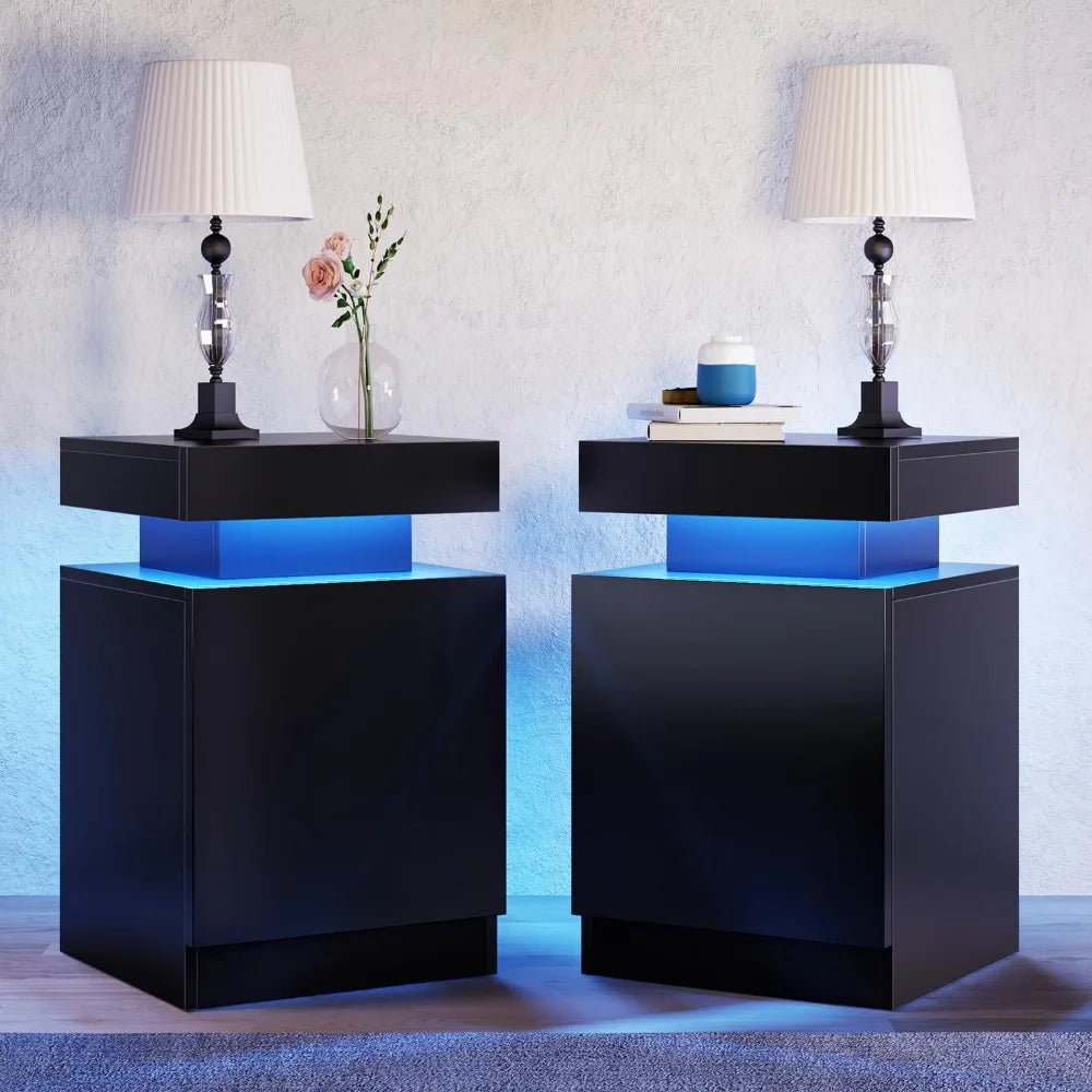 Bedside Table Set Of 2 With LED Storage Cabinet