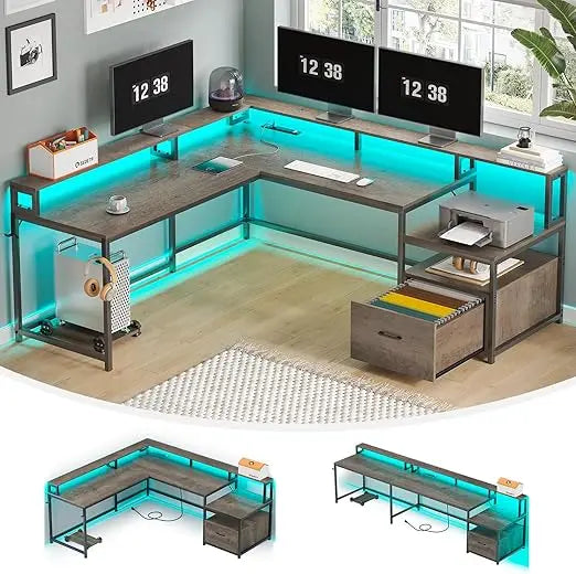 ZHUXIANG Office Desk With Wood File Drawer And Power Outlet