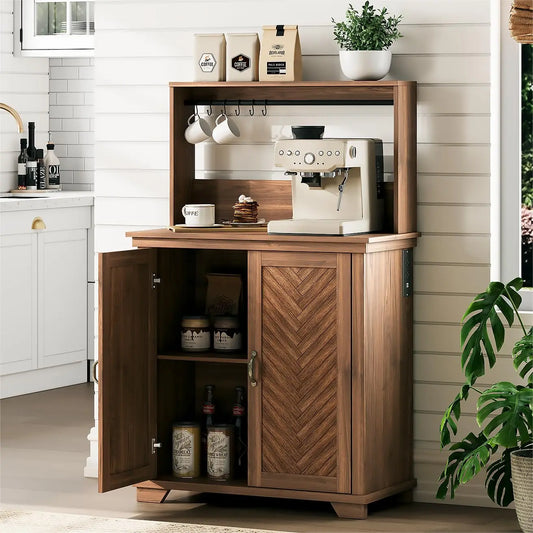 Farmhouse Coffee Bar Cabinet With Storage And Charging Station