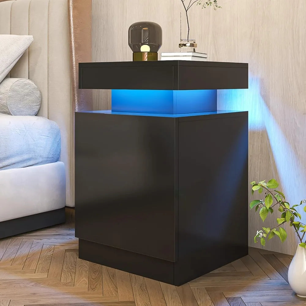 Bedside Table Set Of 2 With LED Storage Cabinet
