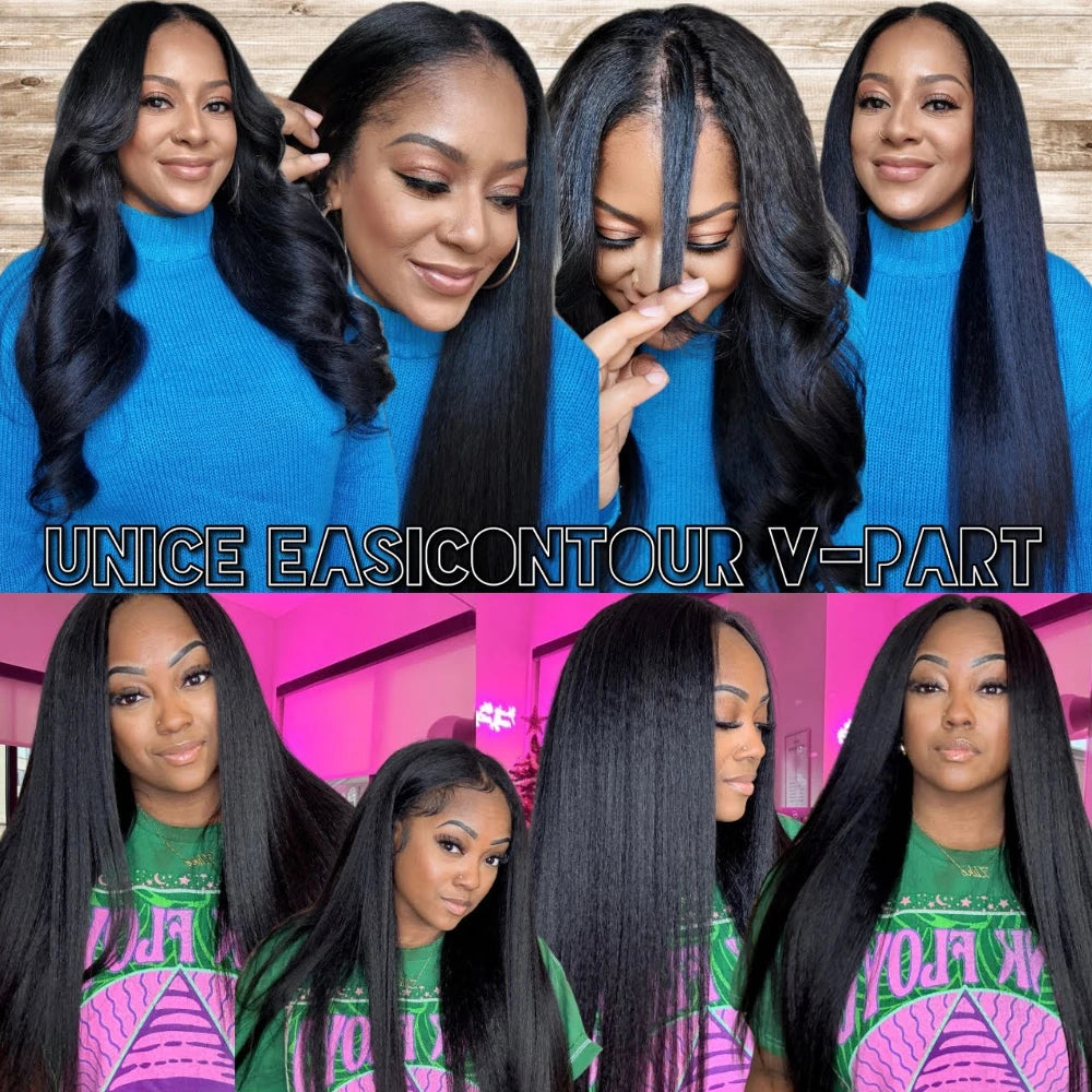 Unice Kinky Straight Remy V U Part Wig Drawstring Cap