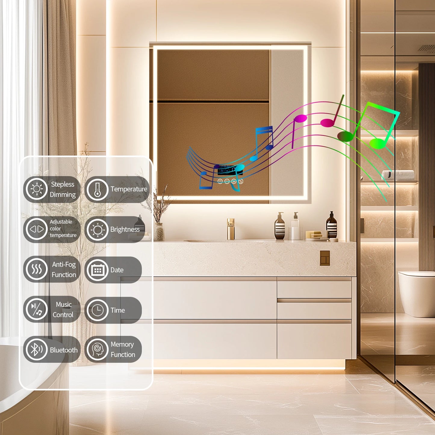 Bluetooth Music LED Bathroom Mirror With Anti Fog Touch Control 3 Color Modes