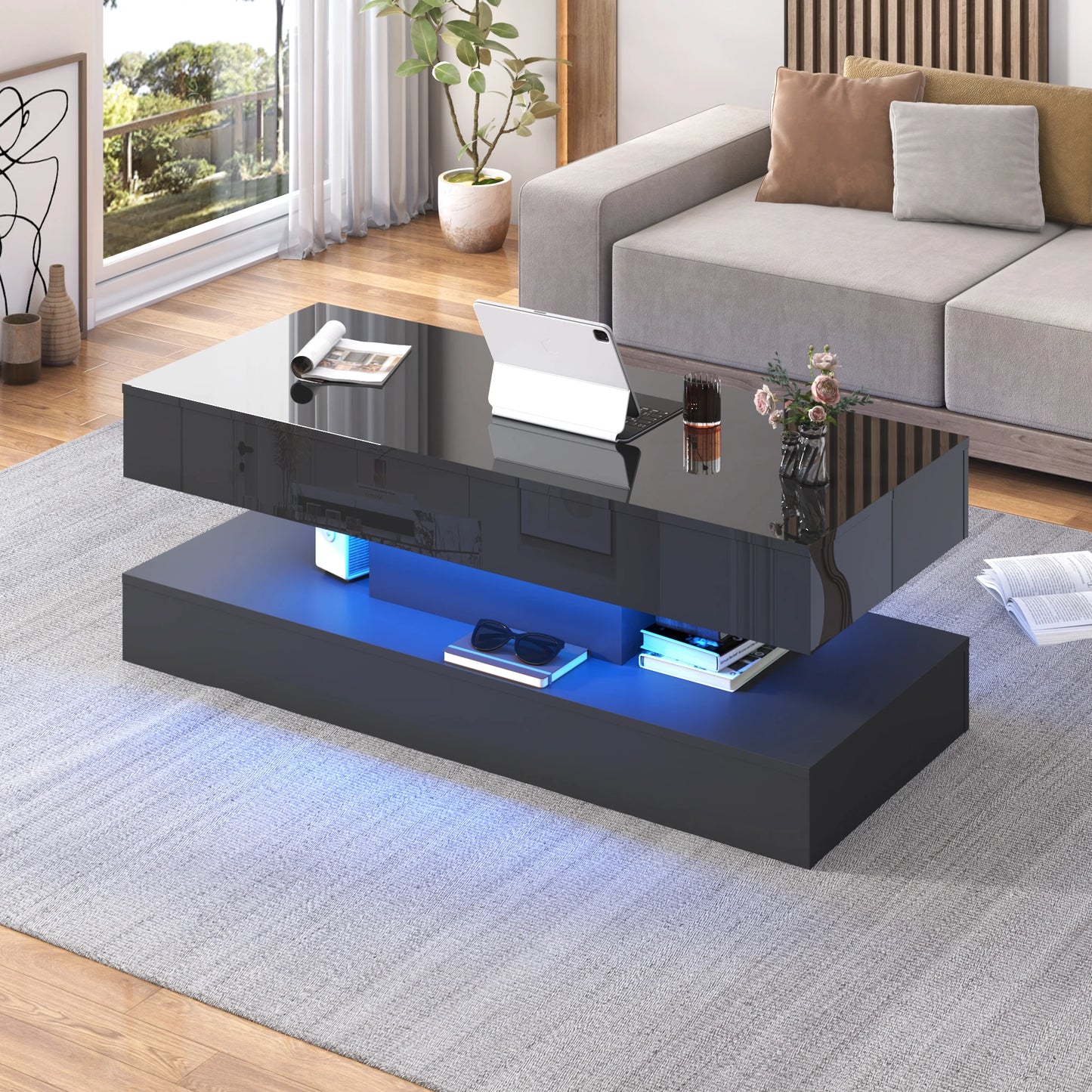 QiaoShiRen LED Coffee Table With Open Shelf And Large Storage