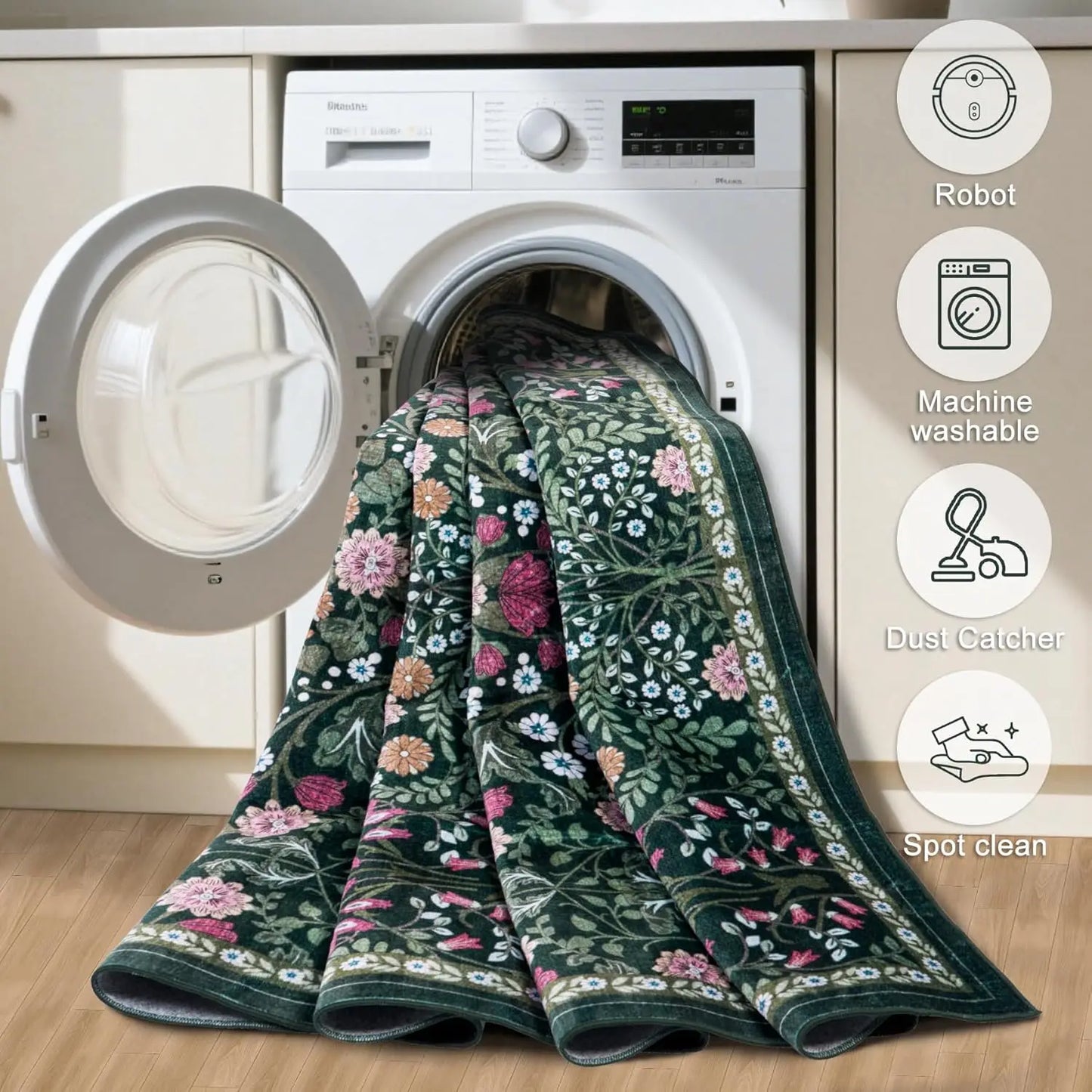 Floral Washable Rug Non Slip Carpet Polyester For Living Room