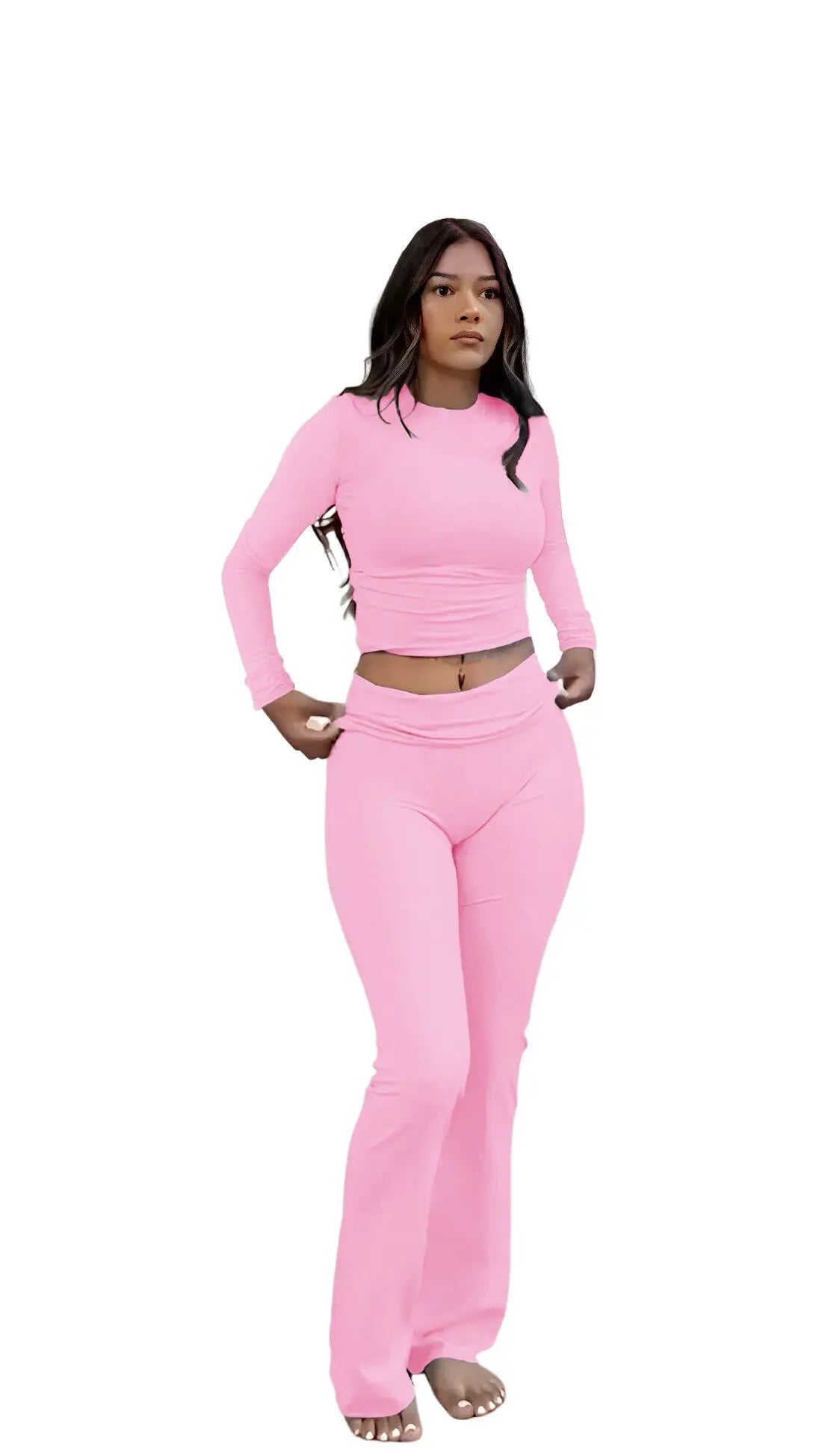 Womens Yoga Two-Piece Long-Sleeve Wide-Leg Activewear Set For Home