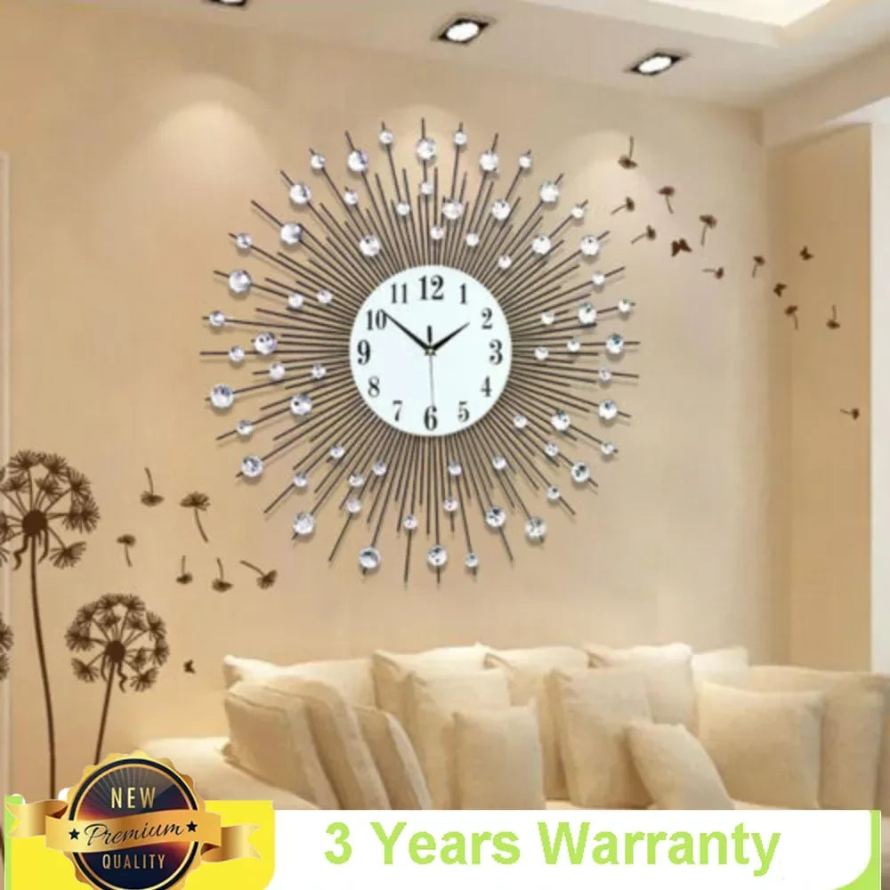 3D Sunburst Metal Wall Clock Modern Diamond Battery Operated